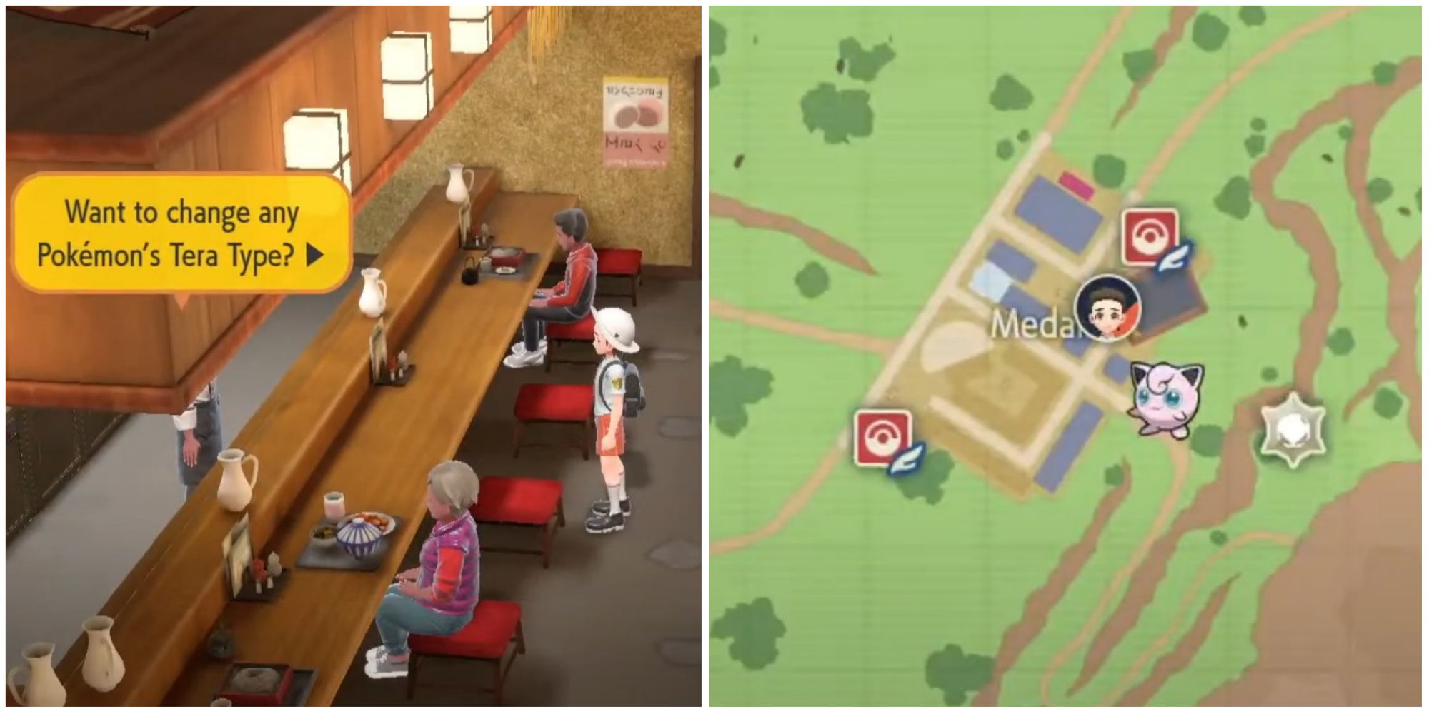 A split image of the MC at the Treasure Eatery in person and on the map in Pokemon Scarlet and Violet.