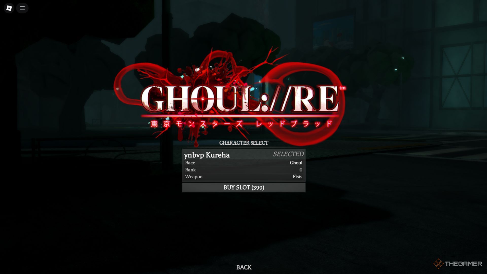 The player character shows the Character select tab in Ghoul Re.