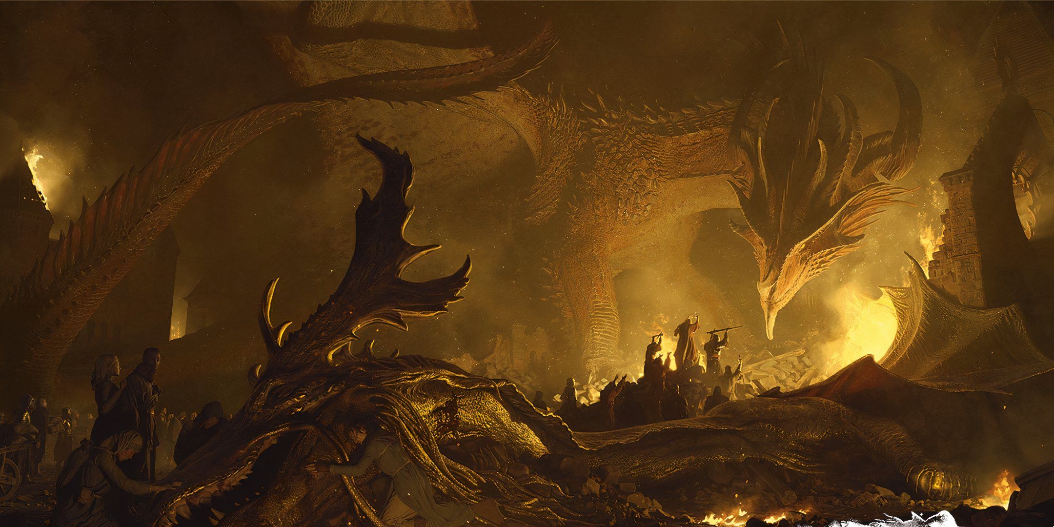 A golden dragon looms over adventurers in Dungeons & Dragons.