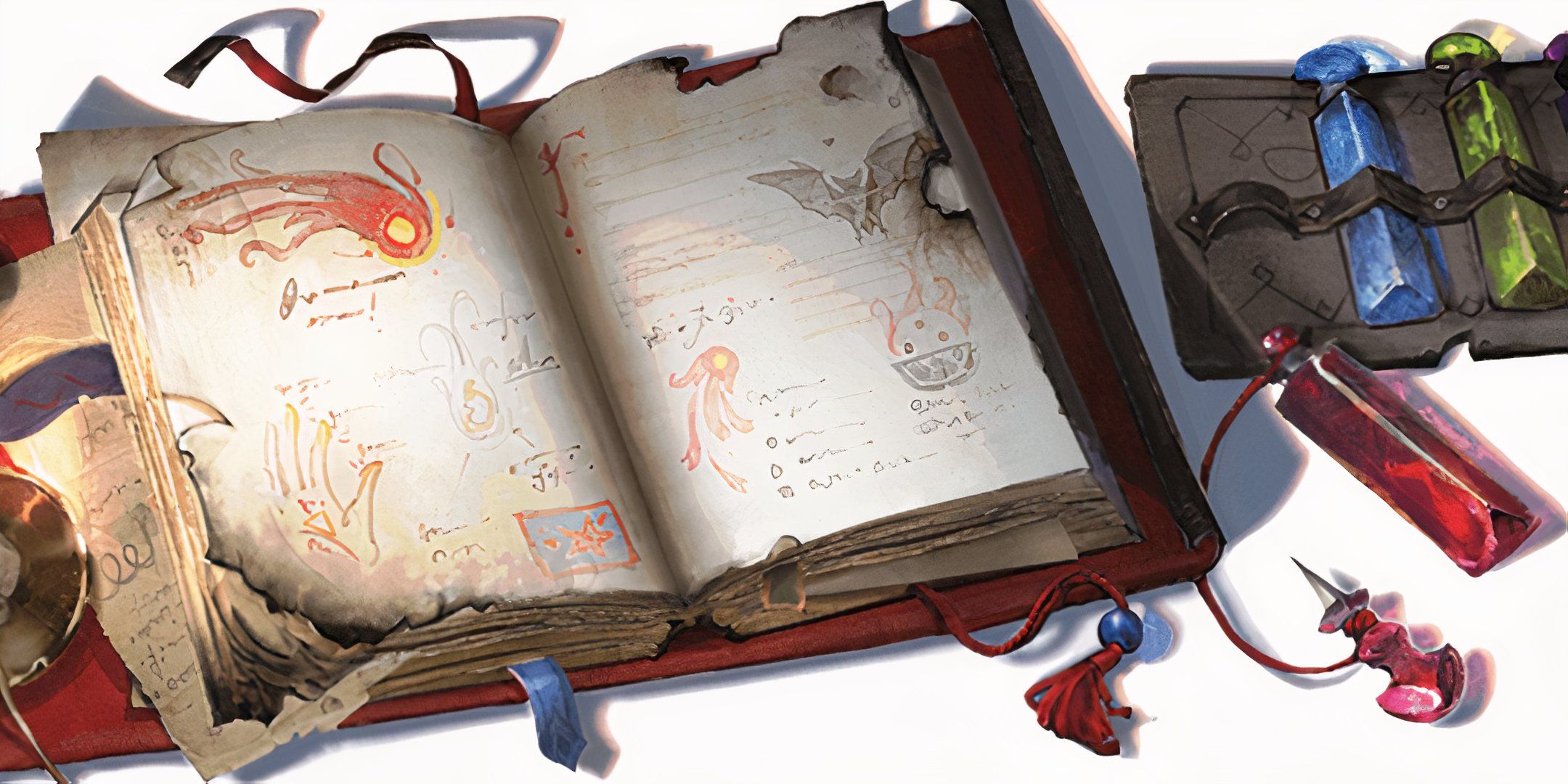 A spellbook and group of components in a pouch in Dungeons & Dragons.