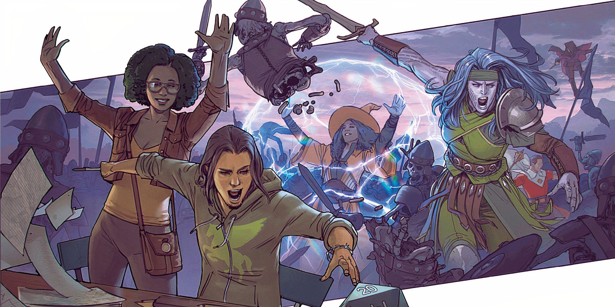 An illustration of players playing Dungeons & Dragons with their characters in the background.