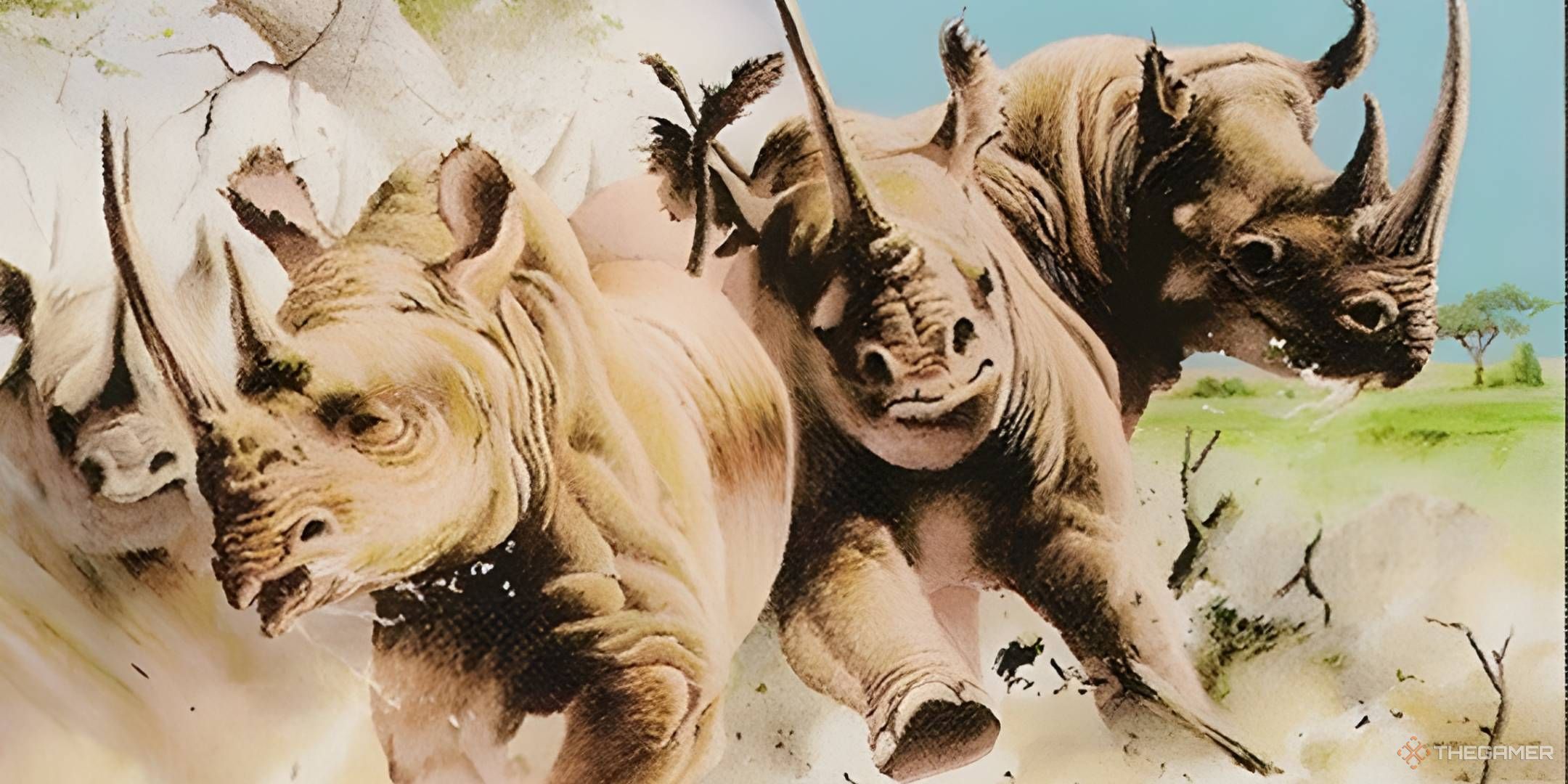 A herd of rhinos stampedes across a dusty plains.