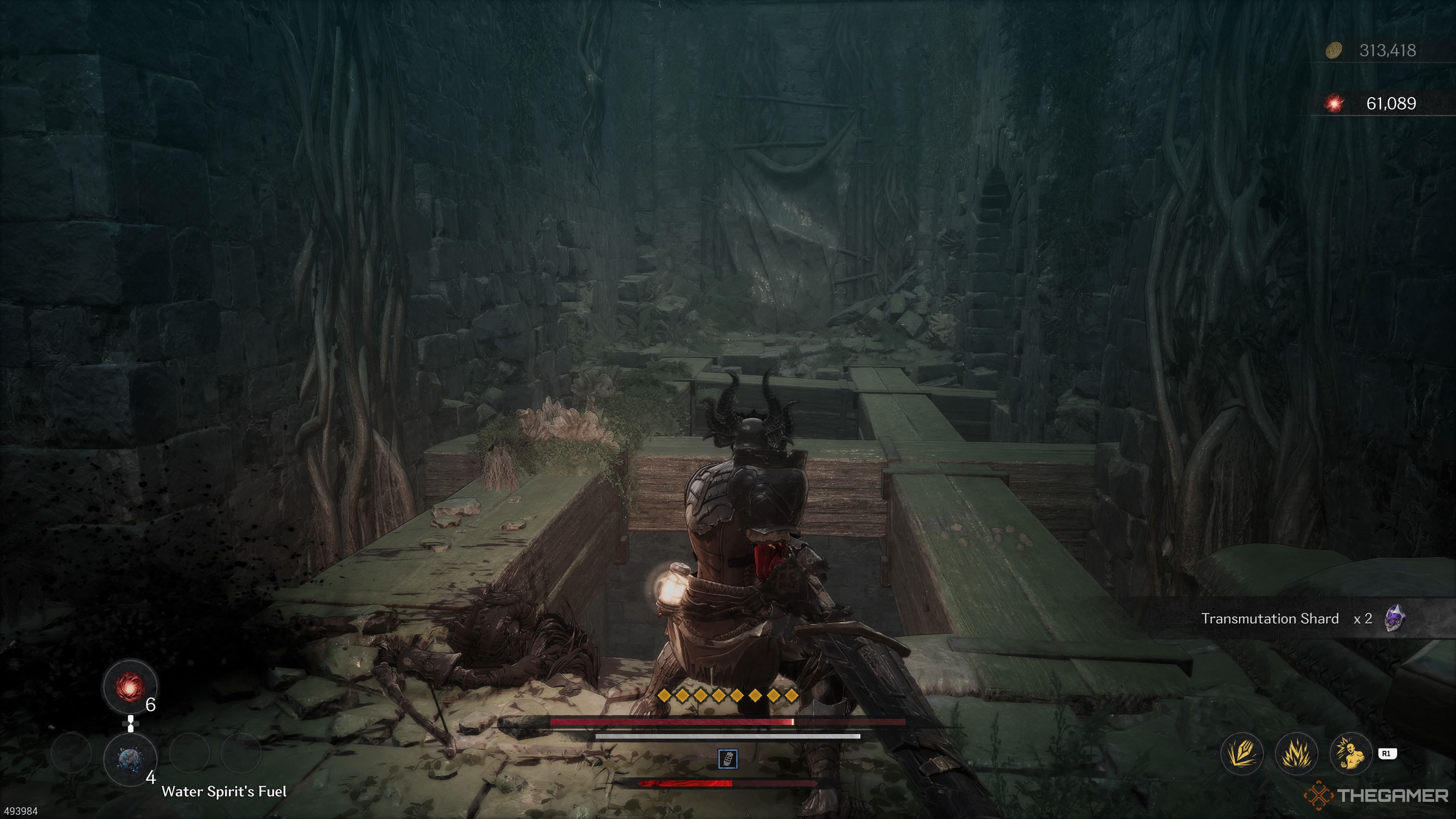 Crossing the beams in the Floodgate section of the Witch's Castle stage in The First Berserker Khazan.