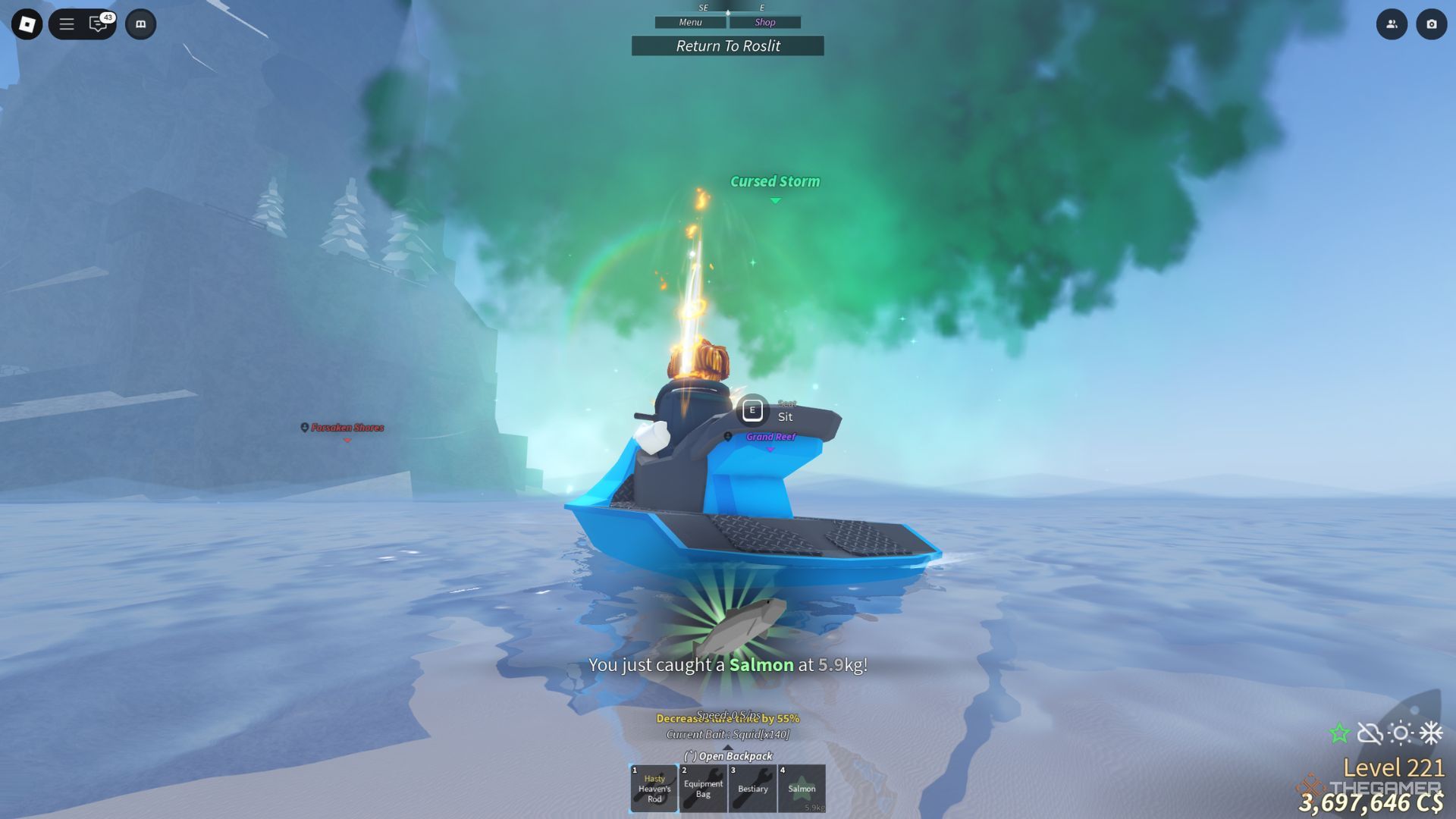 The player character is fishing in the Cursed Storm event location near the Roslit Bay area in Fisch.