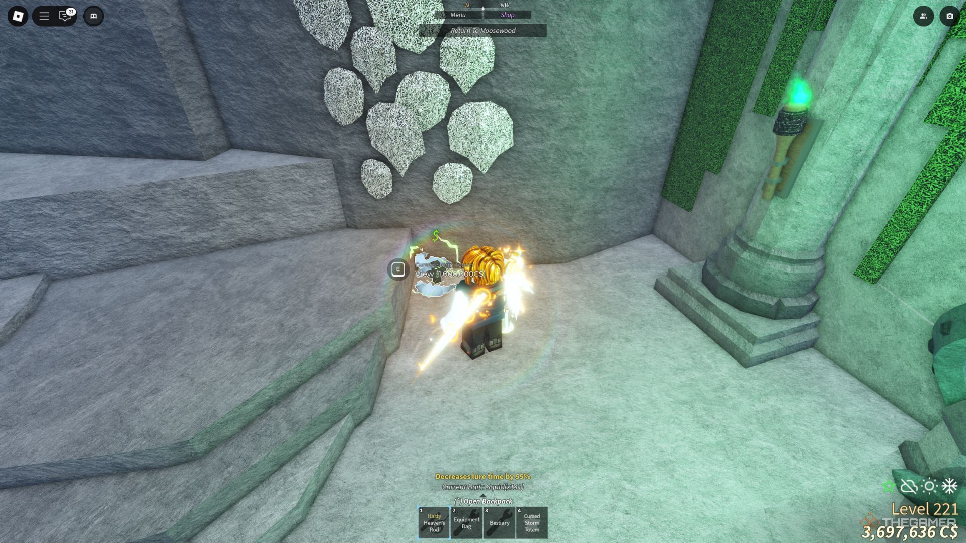 The player character shows a Cursed Storm Totem in the Cult Curse room in Fisch.