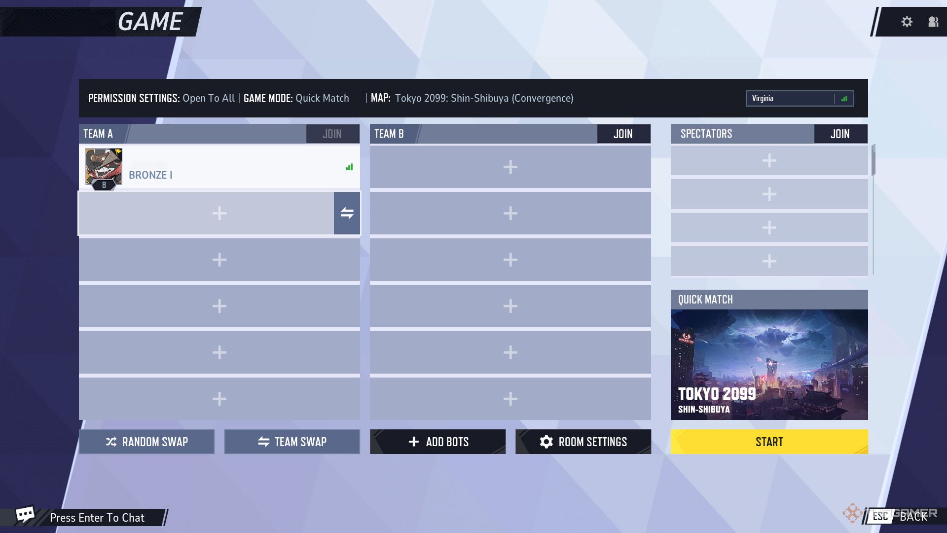 The Custom Game menu, featuring player slots, room settings, and bot options, in Marvel Rivals.