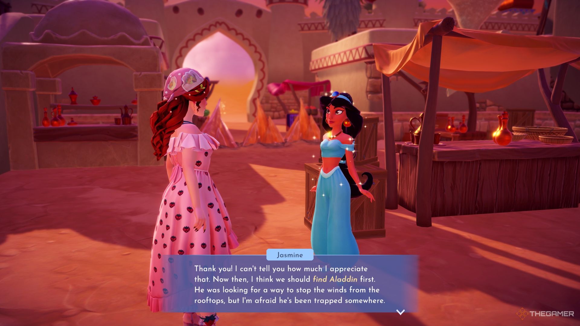 Jasmine talking about finding Aladdin in the market.