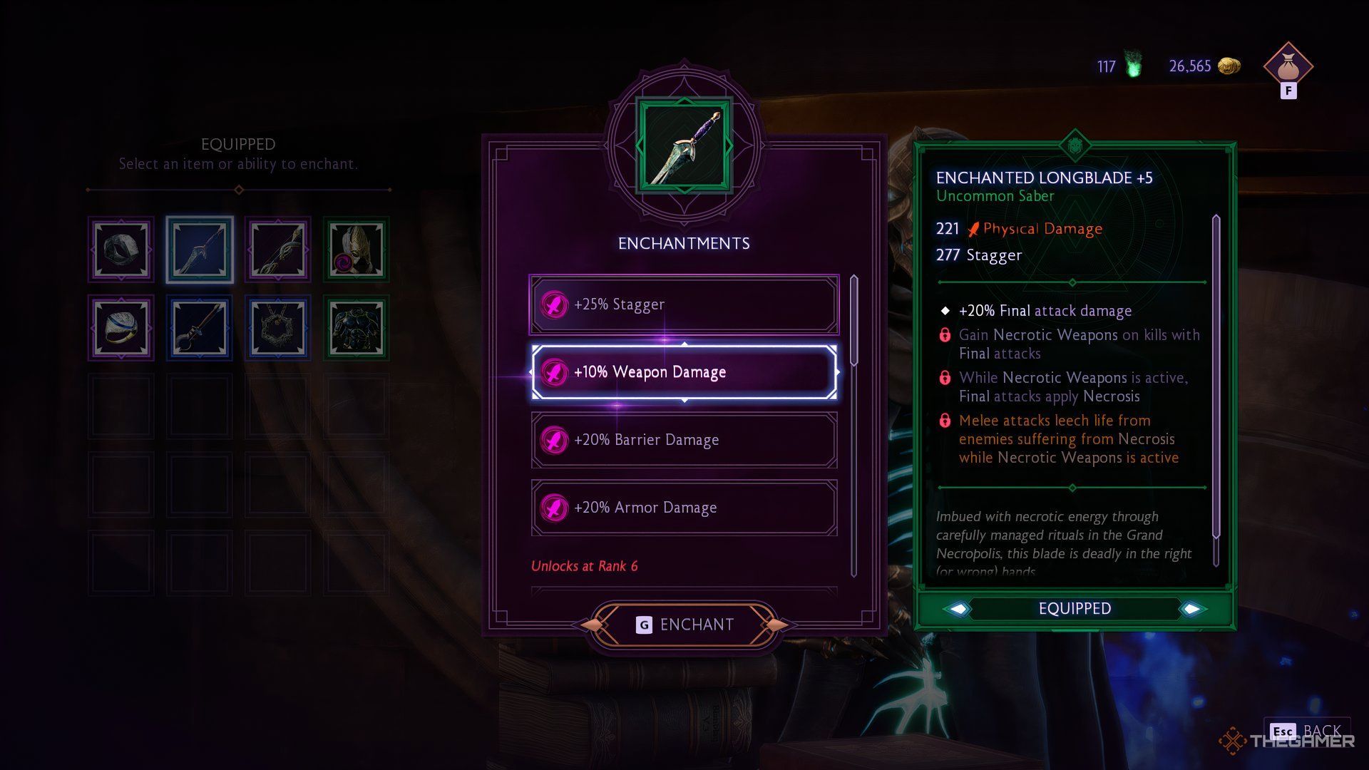Dragon Age The Veilguard menu showing all the enchantments with +10 % Weapon Damage Selected. The panel on the right shows the weapon stats of the enchanted weapon.