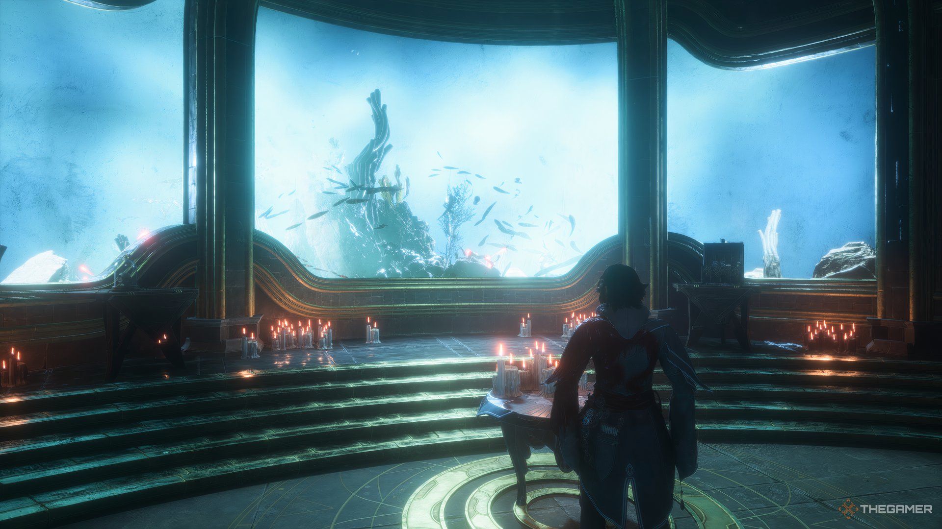 Dragon Age The Veilguard Rook looking at fish swimming with candles lit around him.