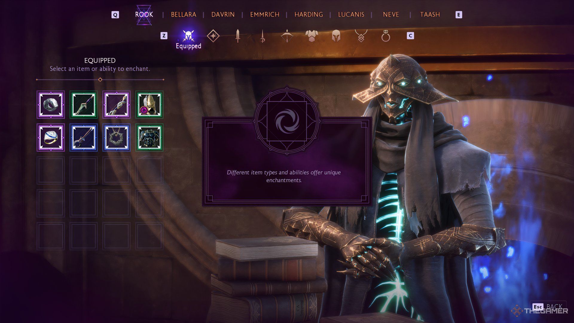 Dragon Age The Veilguard at the enchant screen with the Caretaker in the background and weapons on the left hand side. Above is the gear's catagories and the companion's bar.