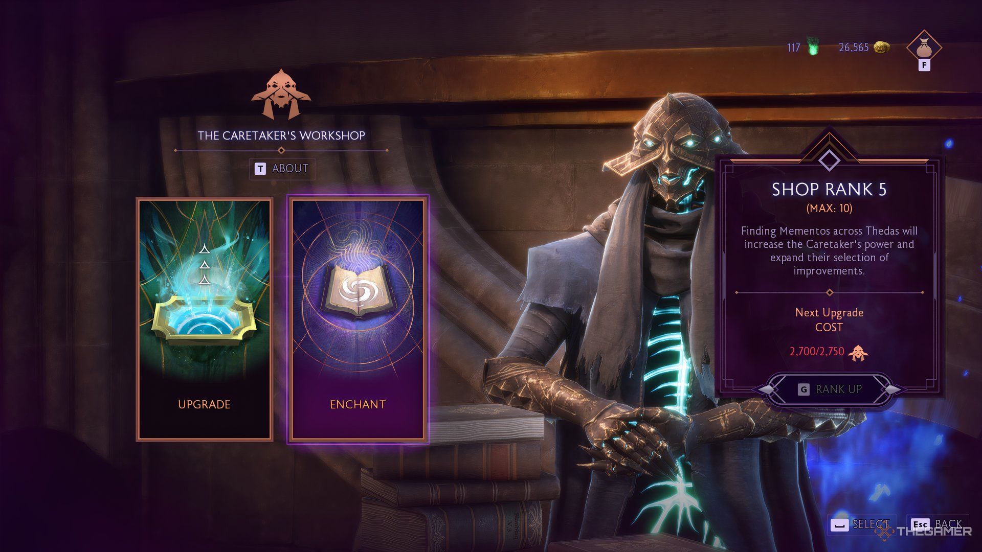 Dragon Age The Veilguard at Caretaker's Workshop homescreen showing the upgrade and enchant panel with the rank being 5.