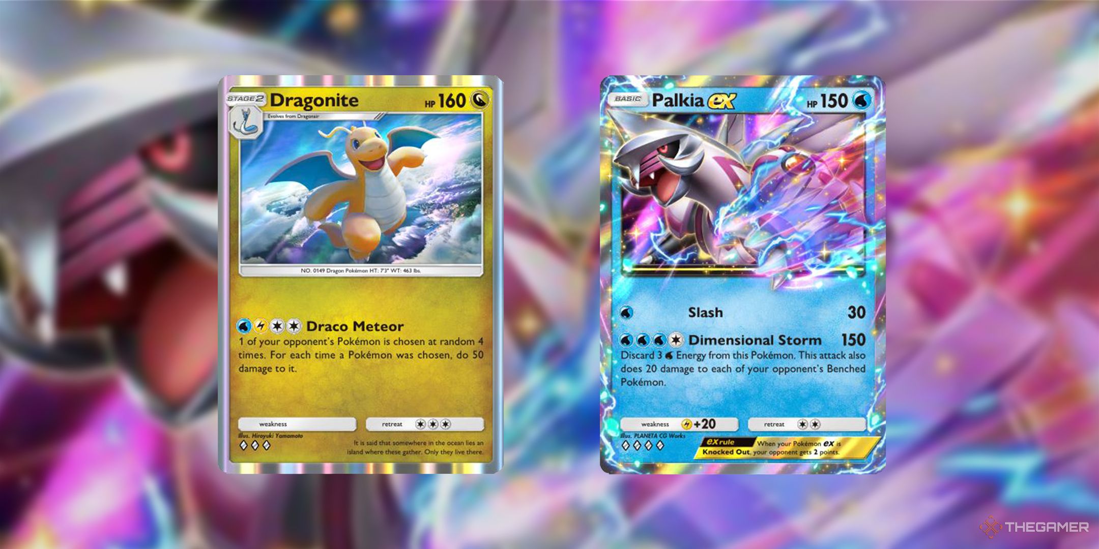 The Dragonite and Palkia ex cards in Pokemon TCG Pocket.