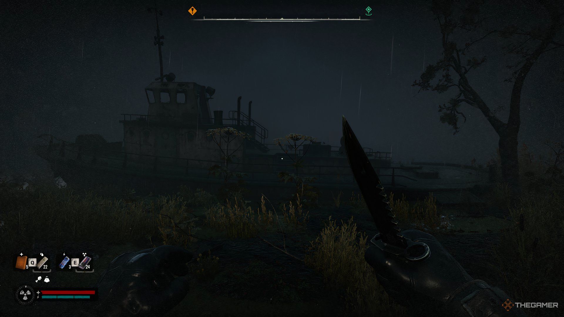 An image showing a Shipwreck in middle of a swamp.