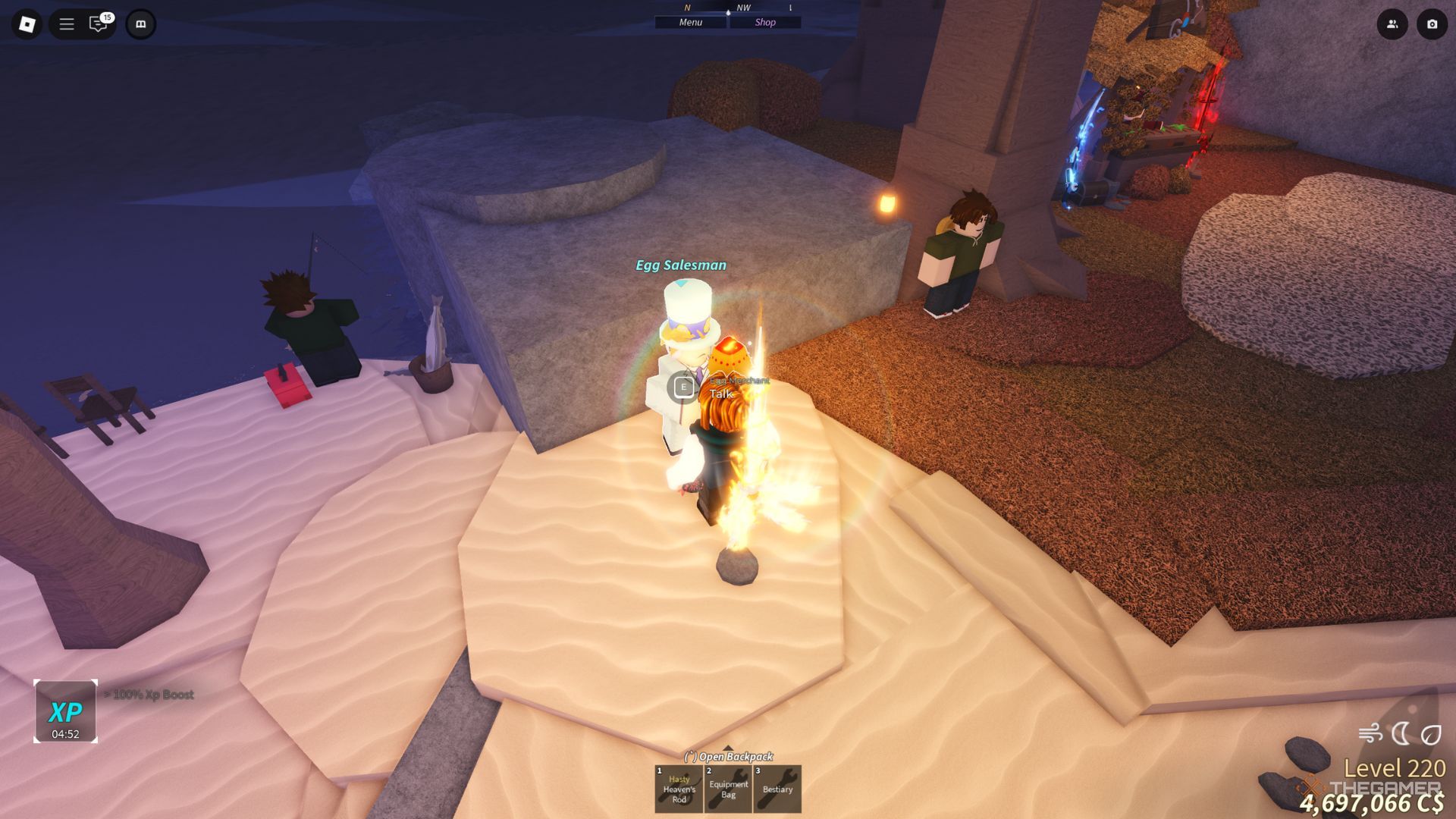 The player character stays next toEgg Salesman holding a golden egg in the Moosewood island in Fisch.