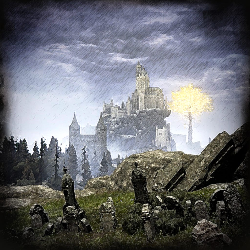 Игровая картина из Elden Ring под названием 'Воскрешение'.