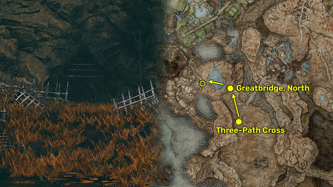 Outside view (left) and map image (right) of the Belurat Gaol location in Elden Ring: Shadow Of The Erdtree.