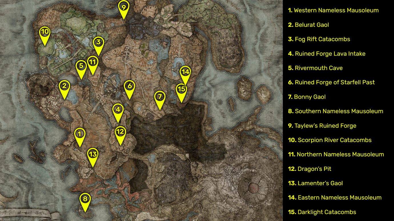 Elden Ring: Shadow Of The Erdtree map image of all known dungeon locations in the DLC.