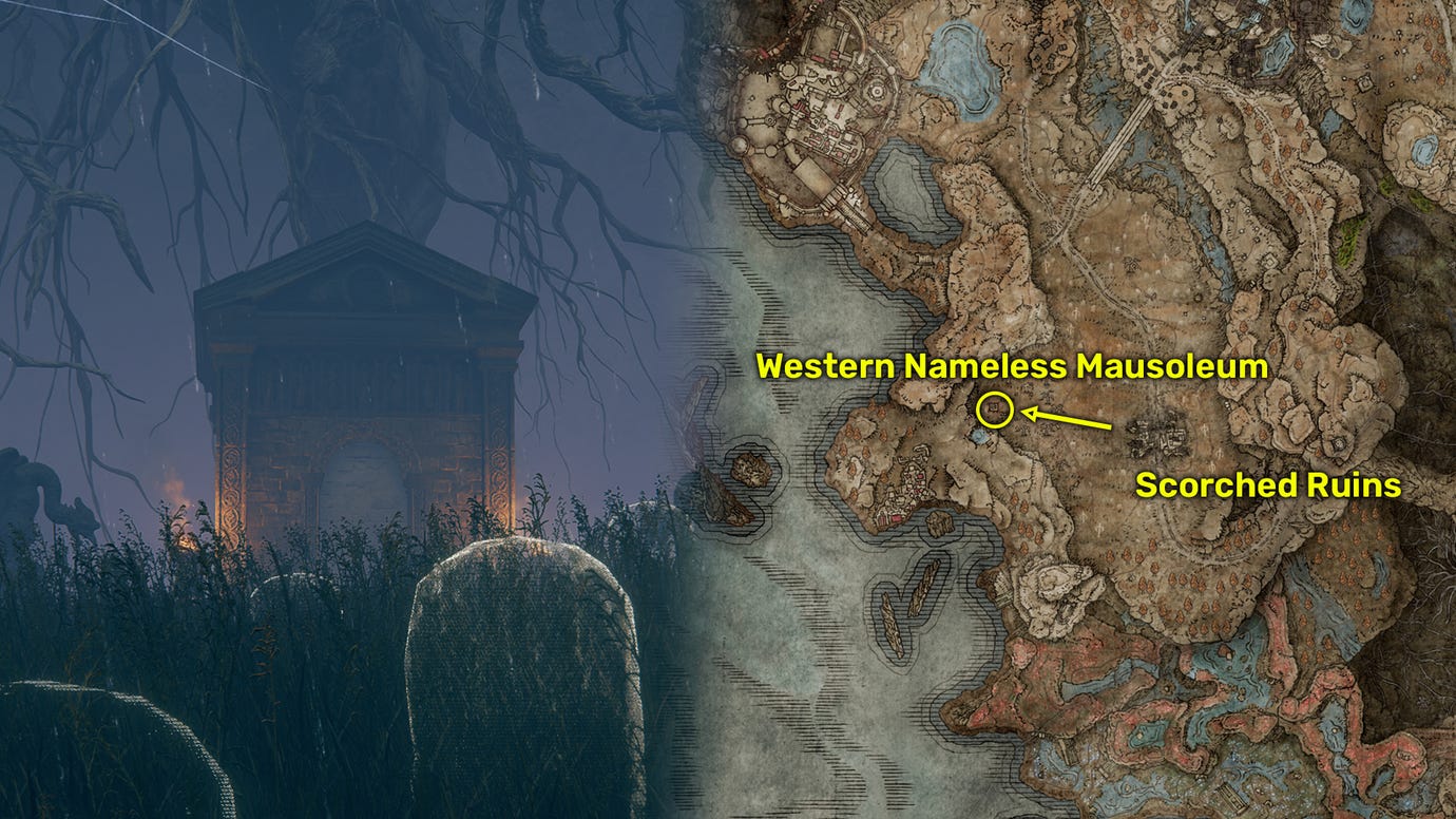Outside view (left) and map image (right) of the Western Nameless Mausoleum location in Elden Ring: Shadow Of The Erdtree.