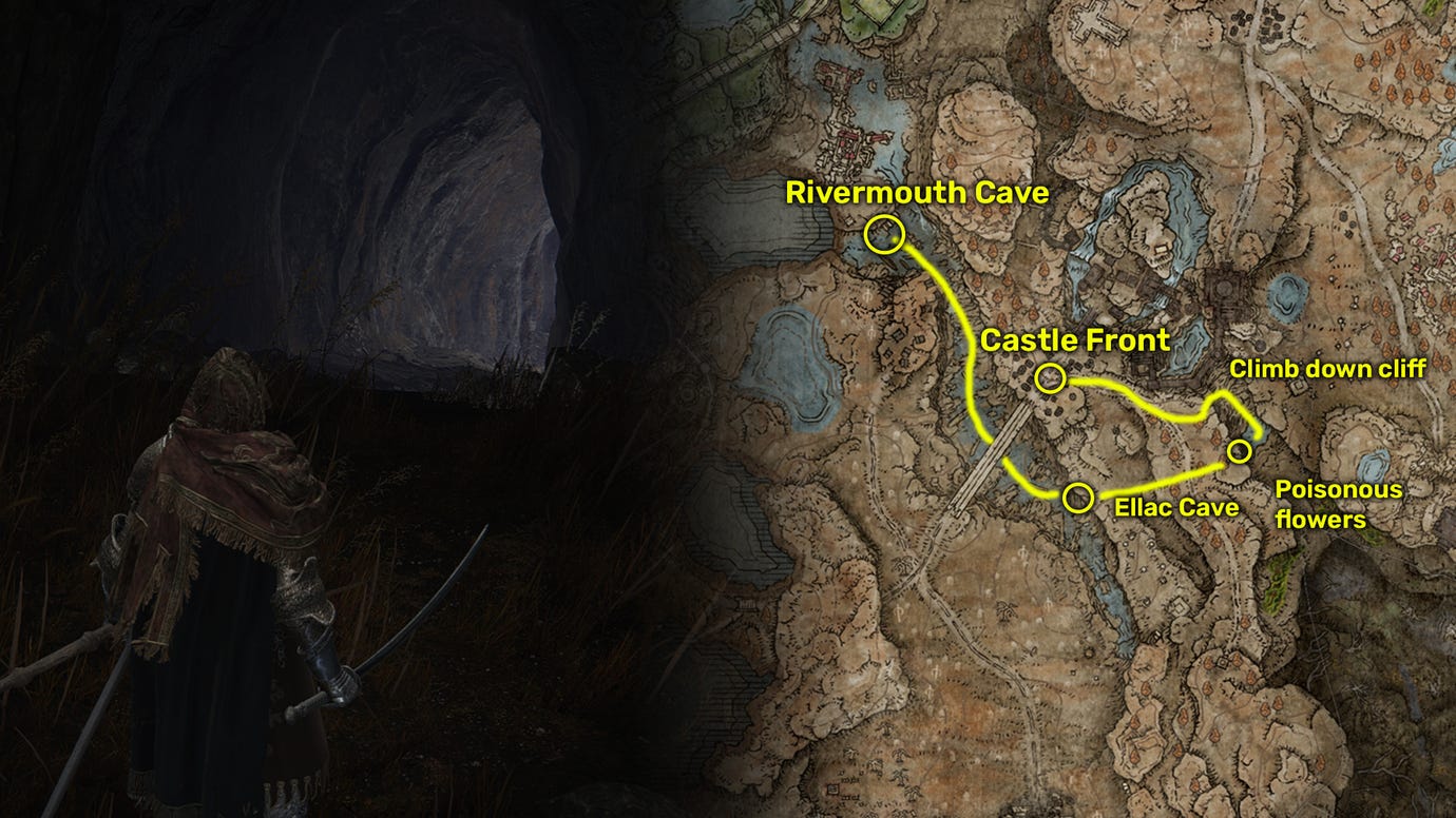 Outside view (left) and map image (right) of the River Mouth Cave location in Elden Ring: Shadow Of The Erdtree.
