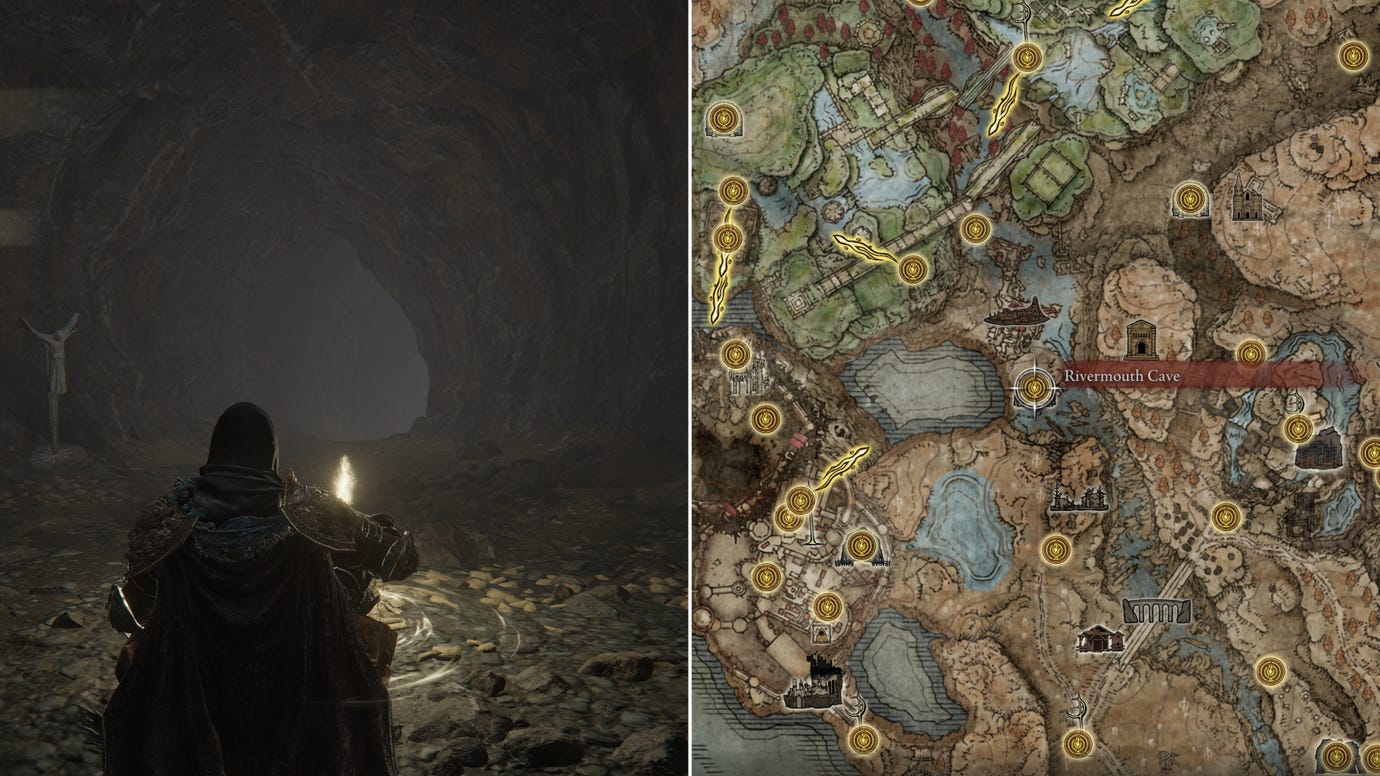 Two screenshots from Elden Ring: Shadow Of The Erdtree. Left: the player sits next to the Rivermouth Cave Site Of Grace. Right: the location of that Site Of Grace on the map.