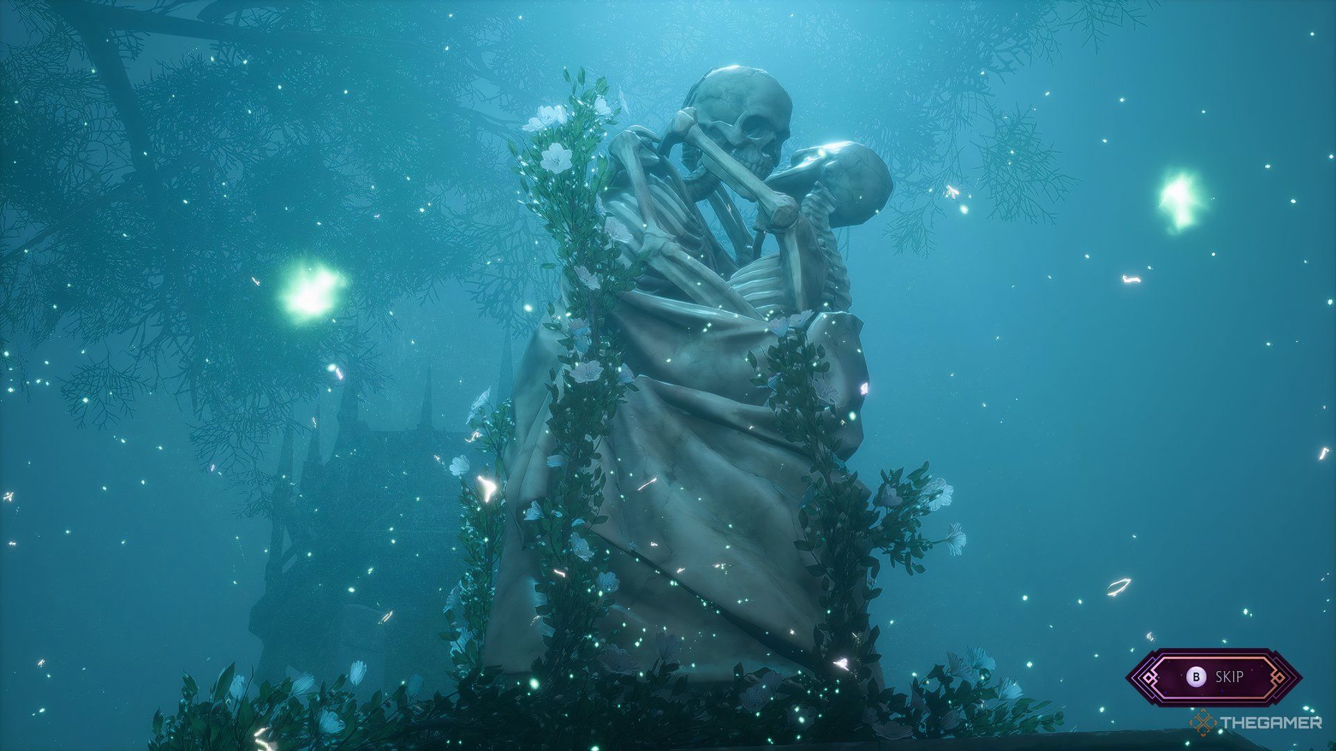 Embracing skeleton statue in the Necropolis in Emmrich's personal quest, Arrangements in in Dragon Age: The Veilguard.