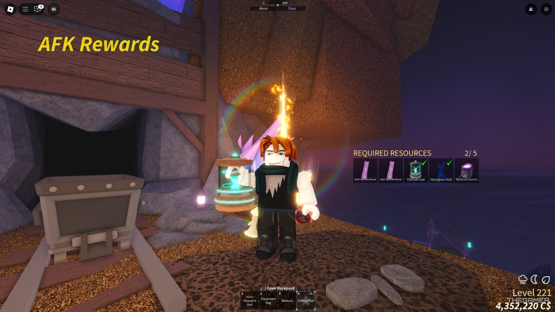 The player character holding Eternal Fuel next to the AFK Mine near the Moosewood area in Fisch.