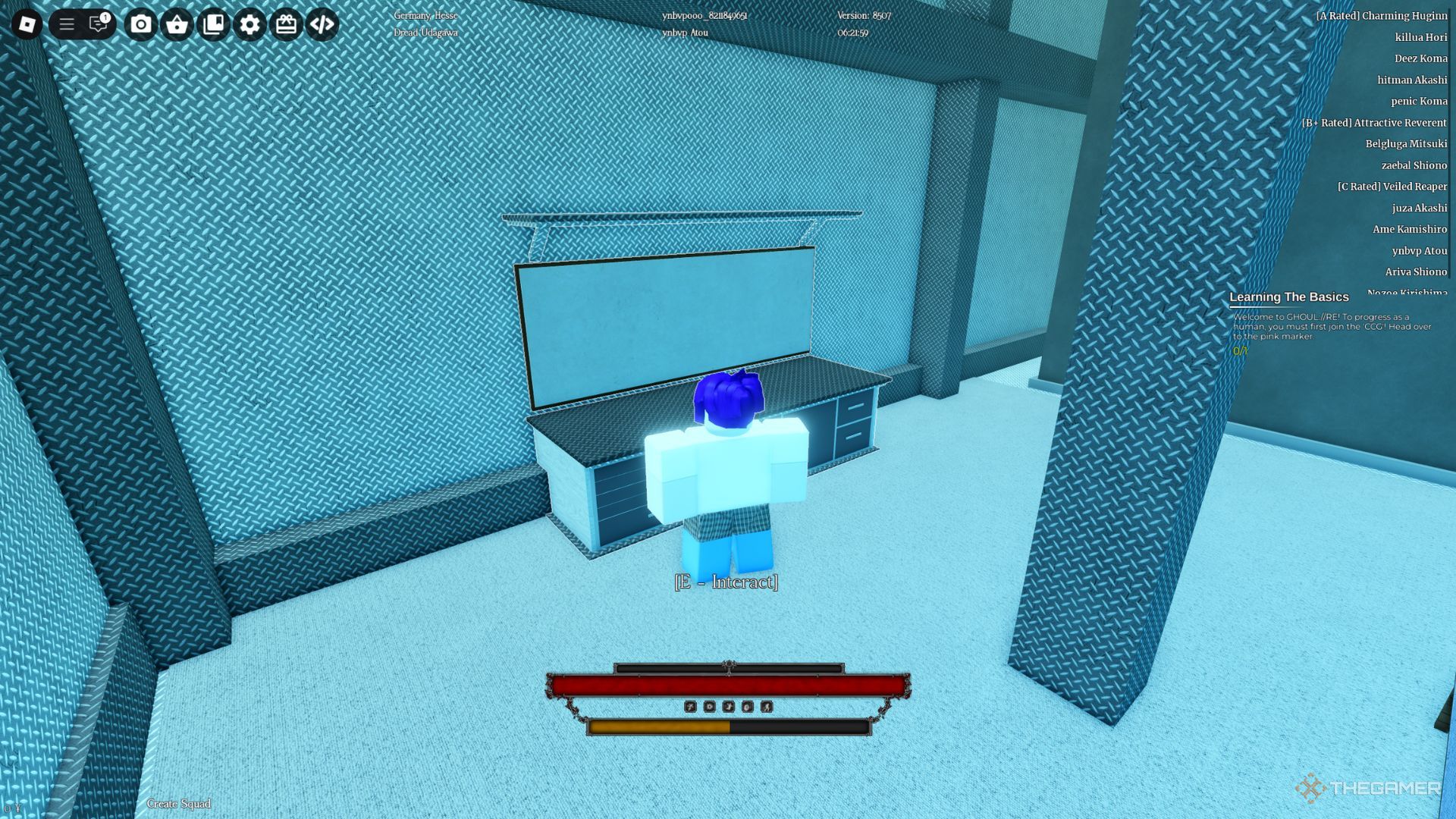 The player character stays next to the Crafting Bench in the Laboratory in the CCG building in Ghoul Re.