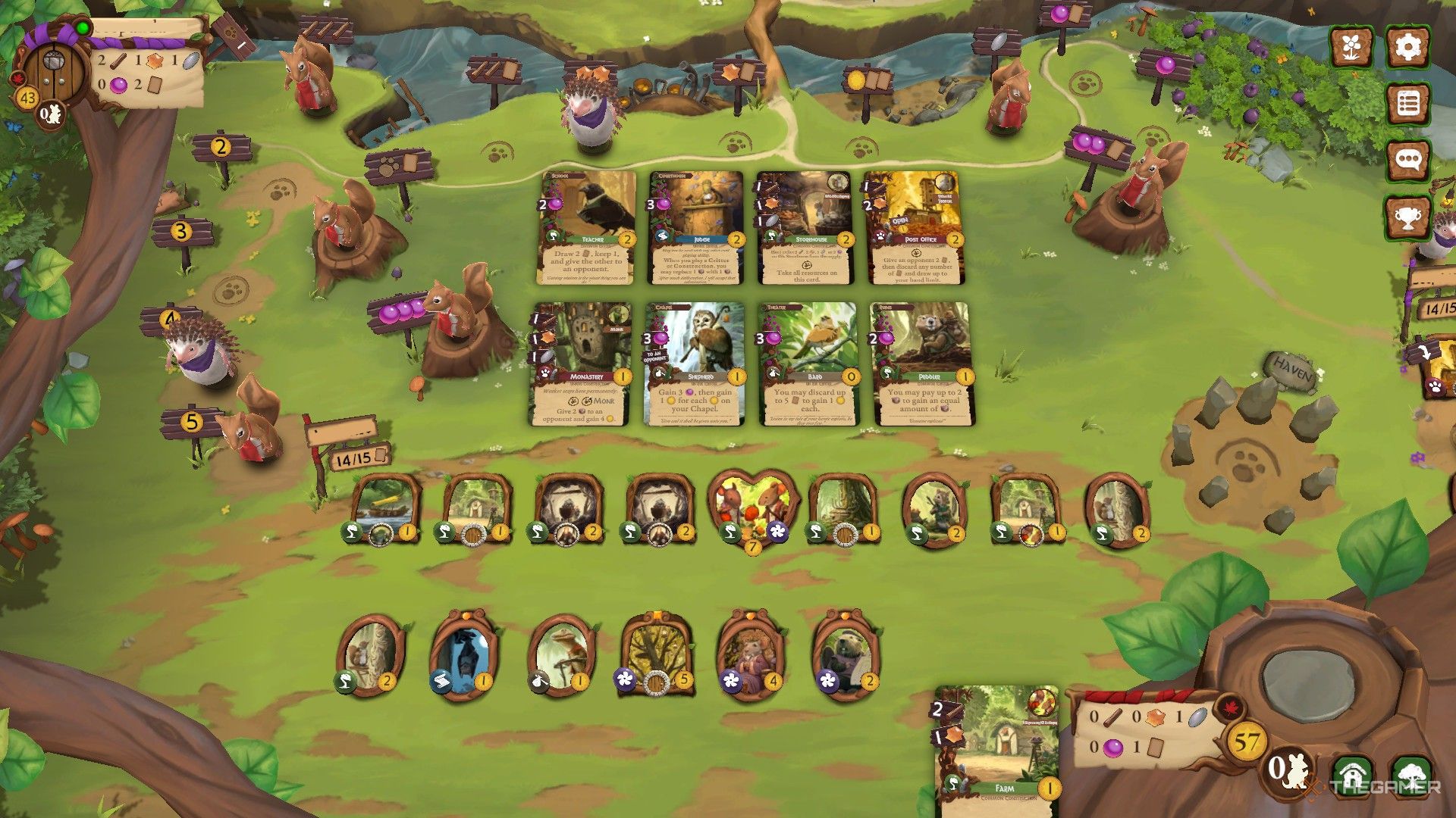 a city near the end of the game in everdell, with fourteen of its fifteen card slots filled.