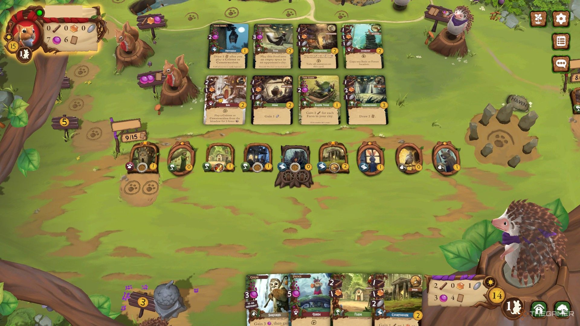a midgame board in everdell, with a monastery and dungeon ready for use in endgame plays.