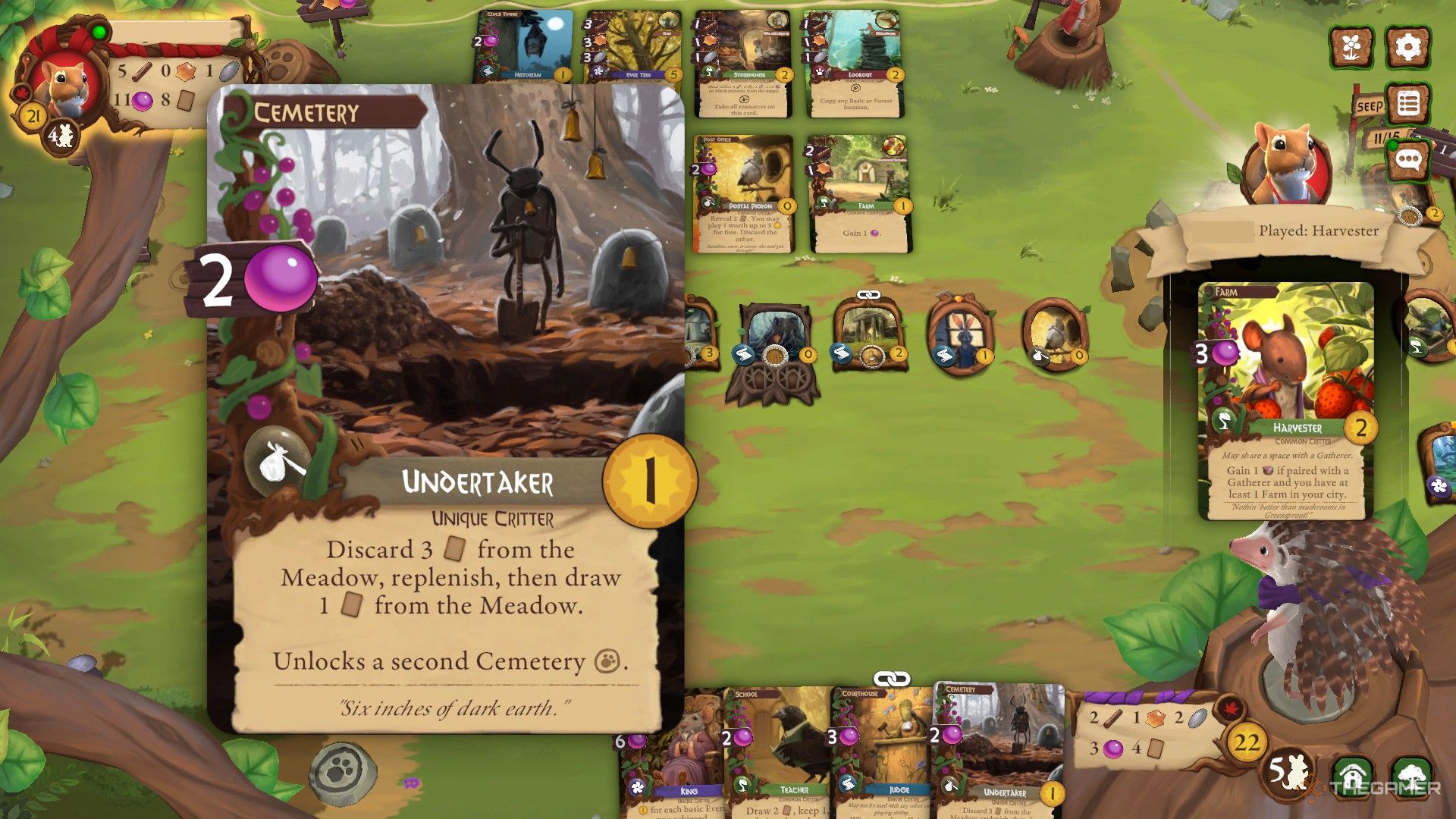 an opponent plays a harvester while the player inspects an undertaker card in everdell.
