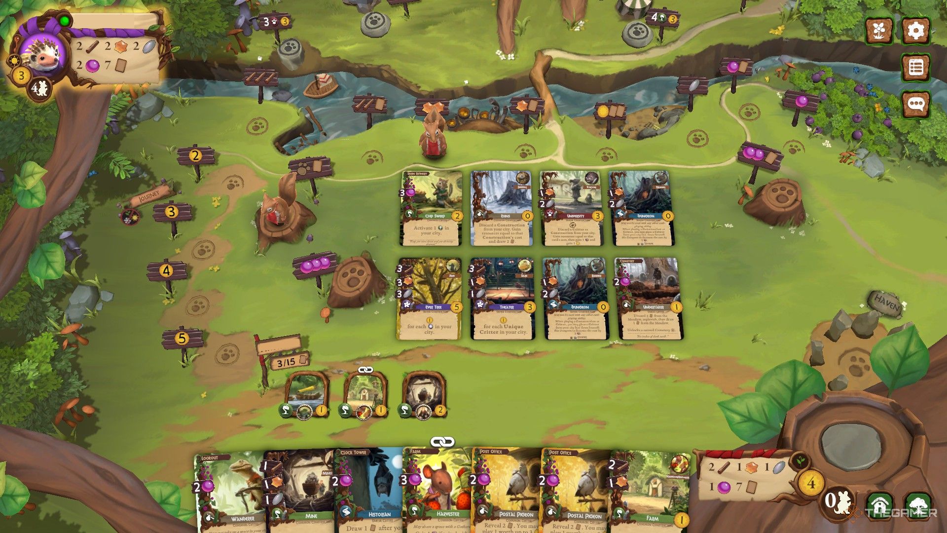 two prosperity cards, the theater and ever tree, appear in an early meadow during a game of everdell.