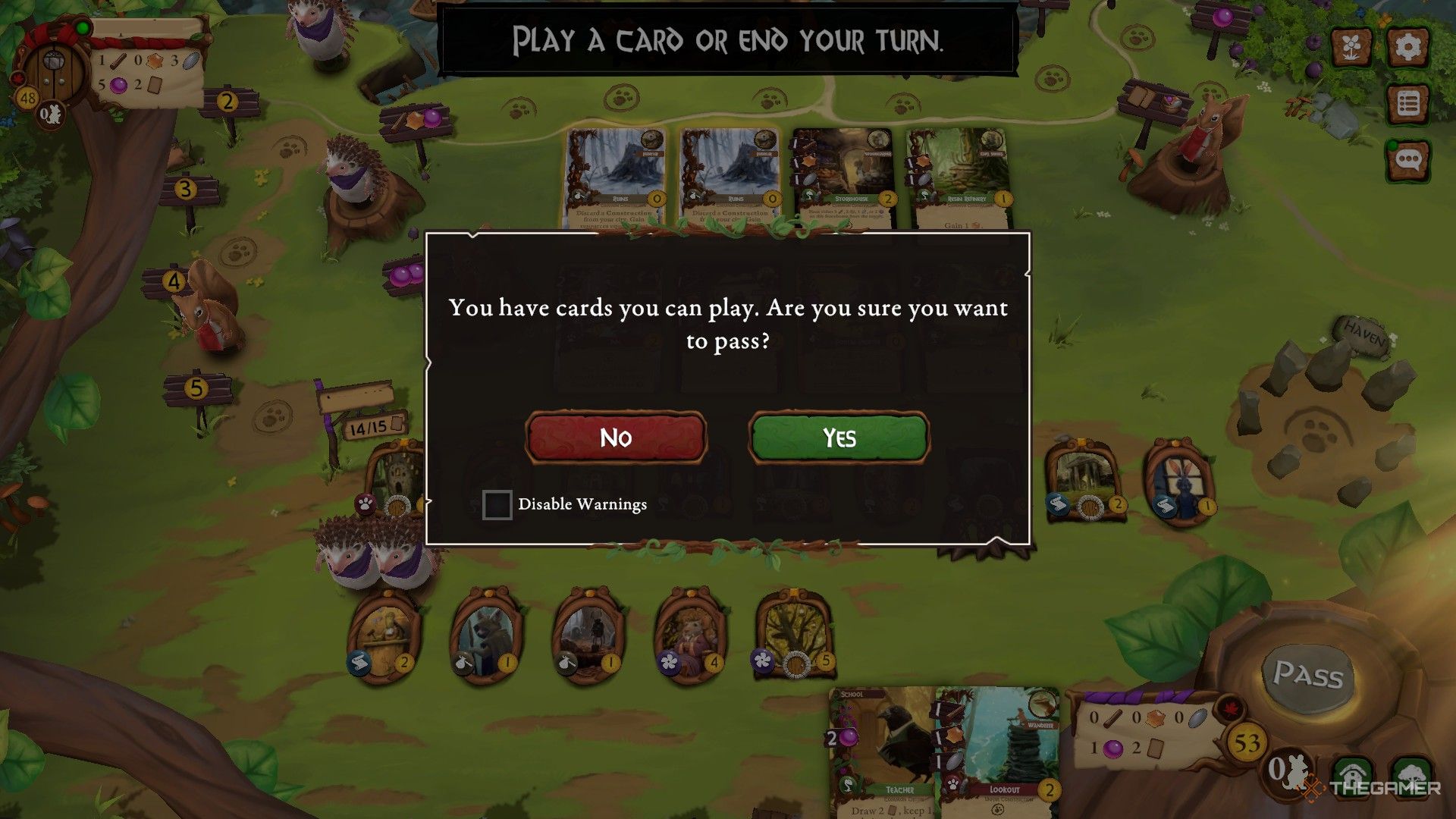 a popup window asks the player to confirm if they want to pass, ending the game, in everdell.