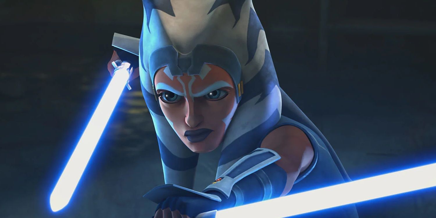 Ahsoka using her lightsabers in the Clone Wars TV series.