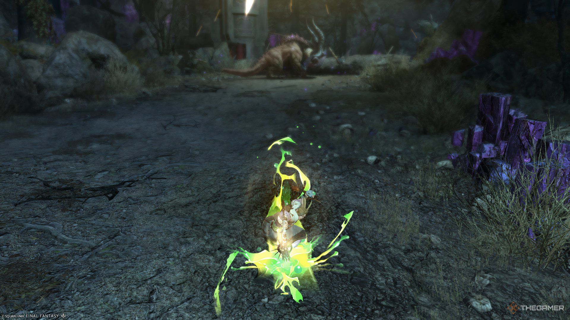 Pictomancer Warrior of Light using Smudge in Yuweyawata Field Station in Final Fantasy 14 Dawntrail.
