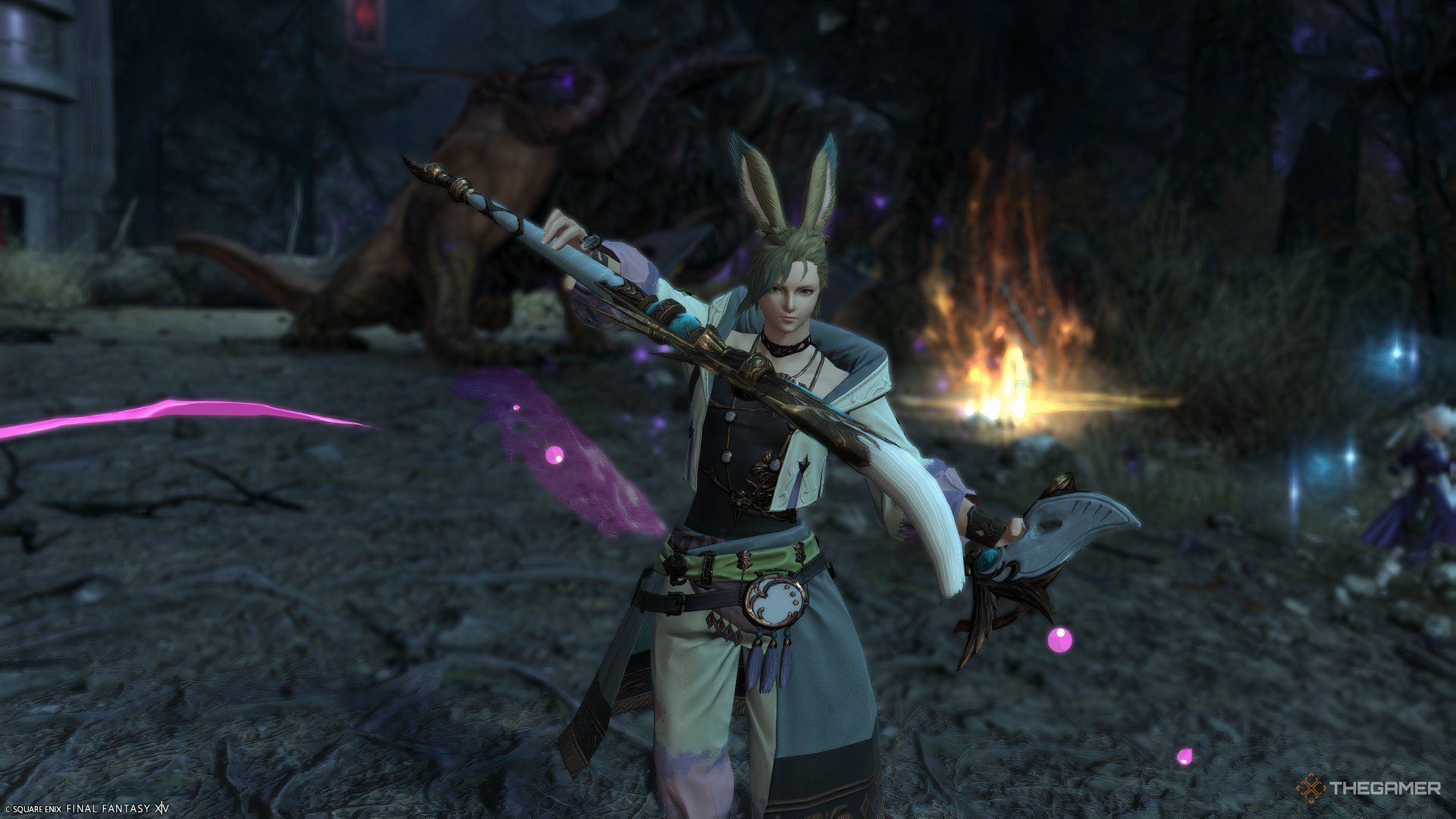Pictomancer Warrior of Light using Thunder in Magenta in Yuweyawata Field Station in Final Fantasy 14 Dawntrail