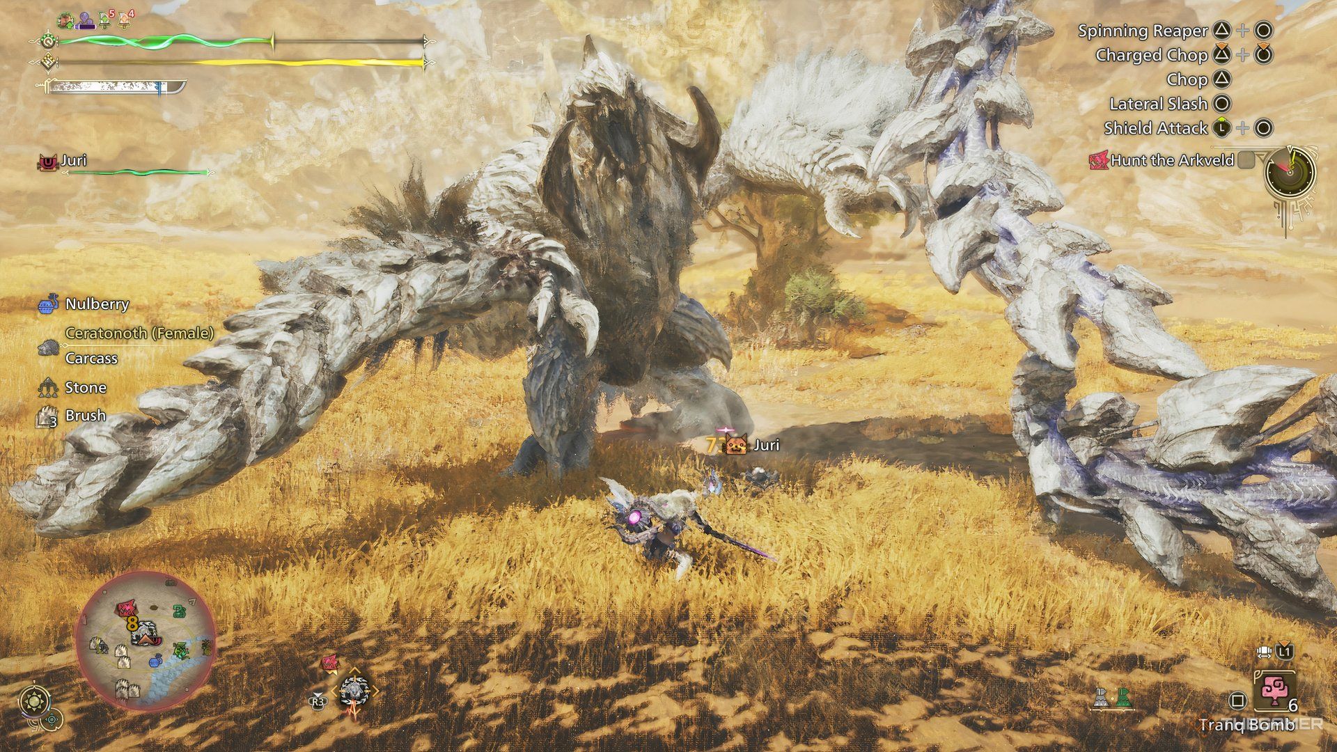 Fighting Arkveld with Sword and Shield in Monster Hunter Wilds.