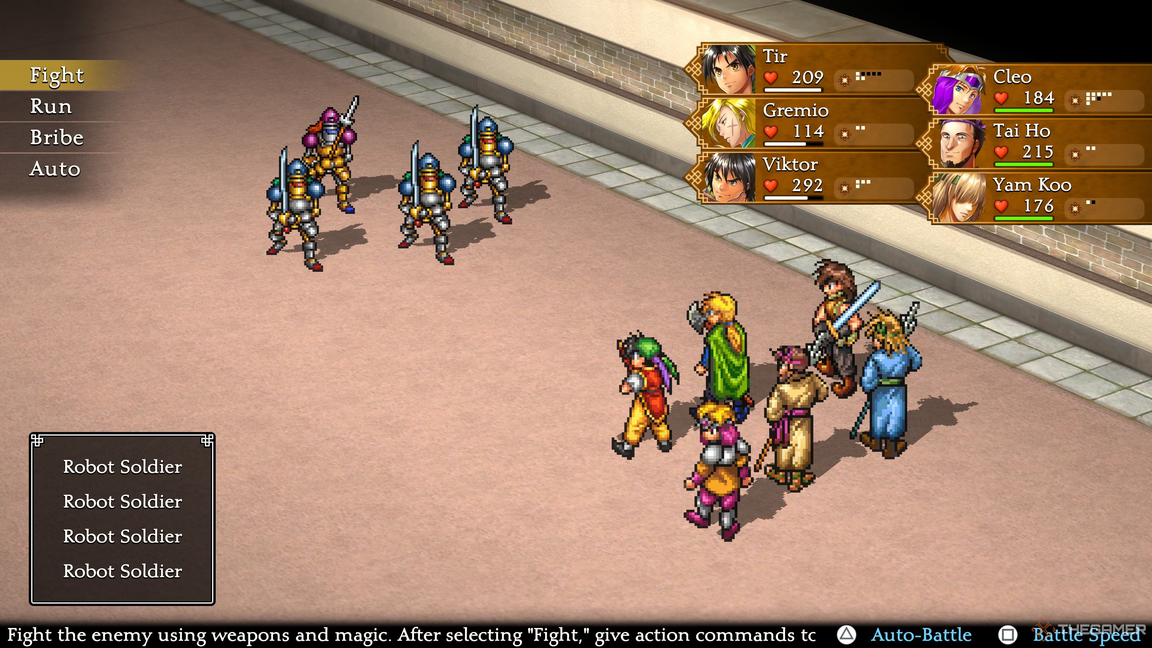 Fighting the robot soldiers in Lepant's mansion in the Suikoden 1 HD Remaster.