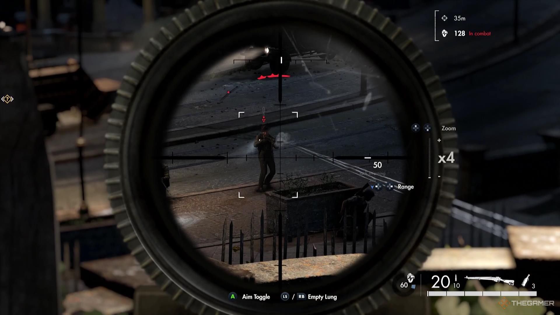 Firing at an enemy in Sniper Elite Resistance.