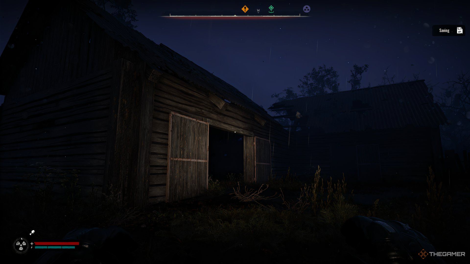 An image showing a wooden building with double doors.