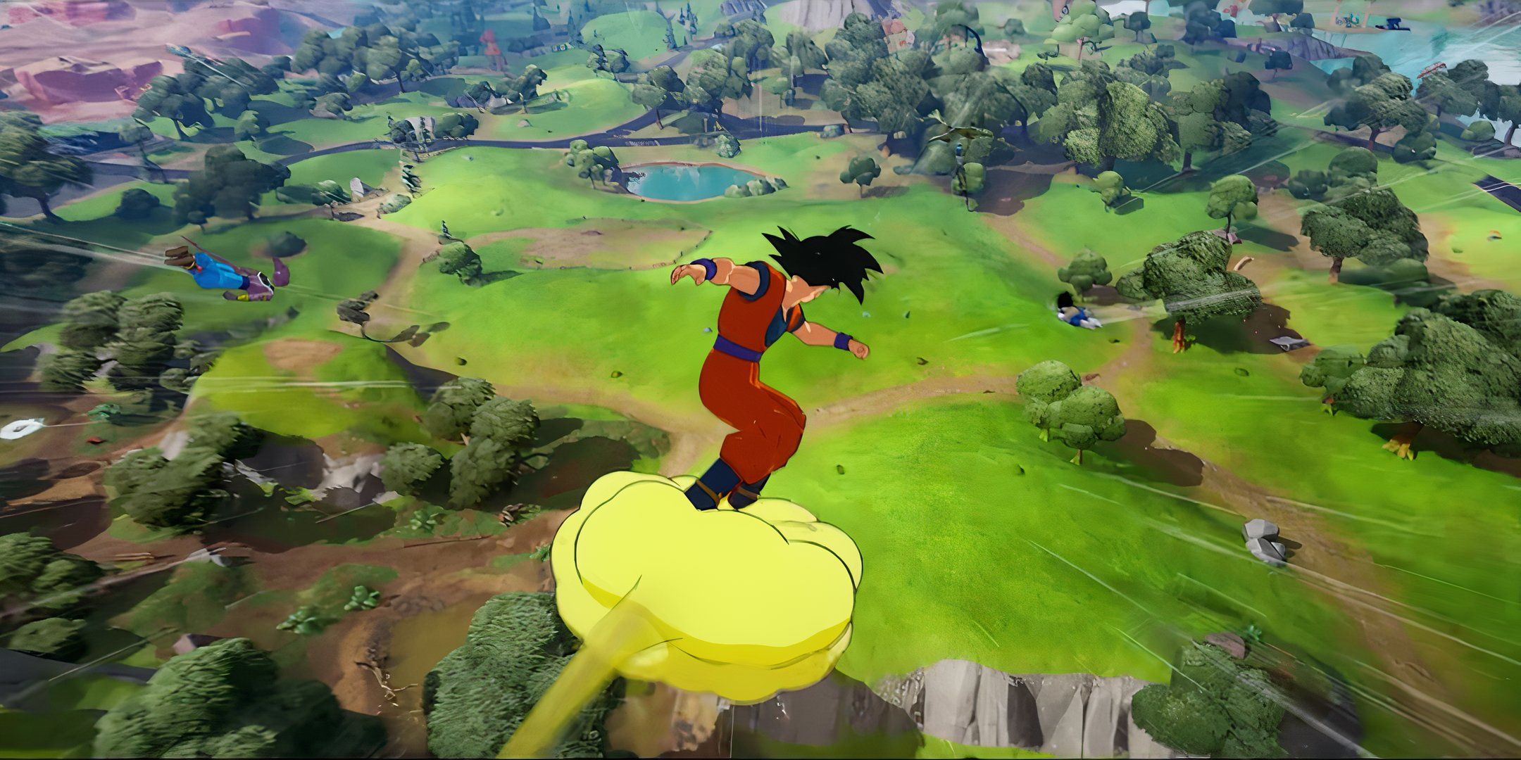 Goku flying the Nimbus cloud in Fortnite.