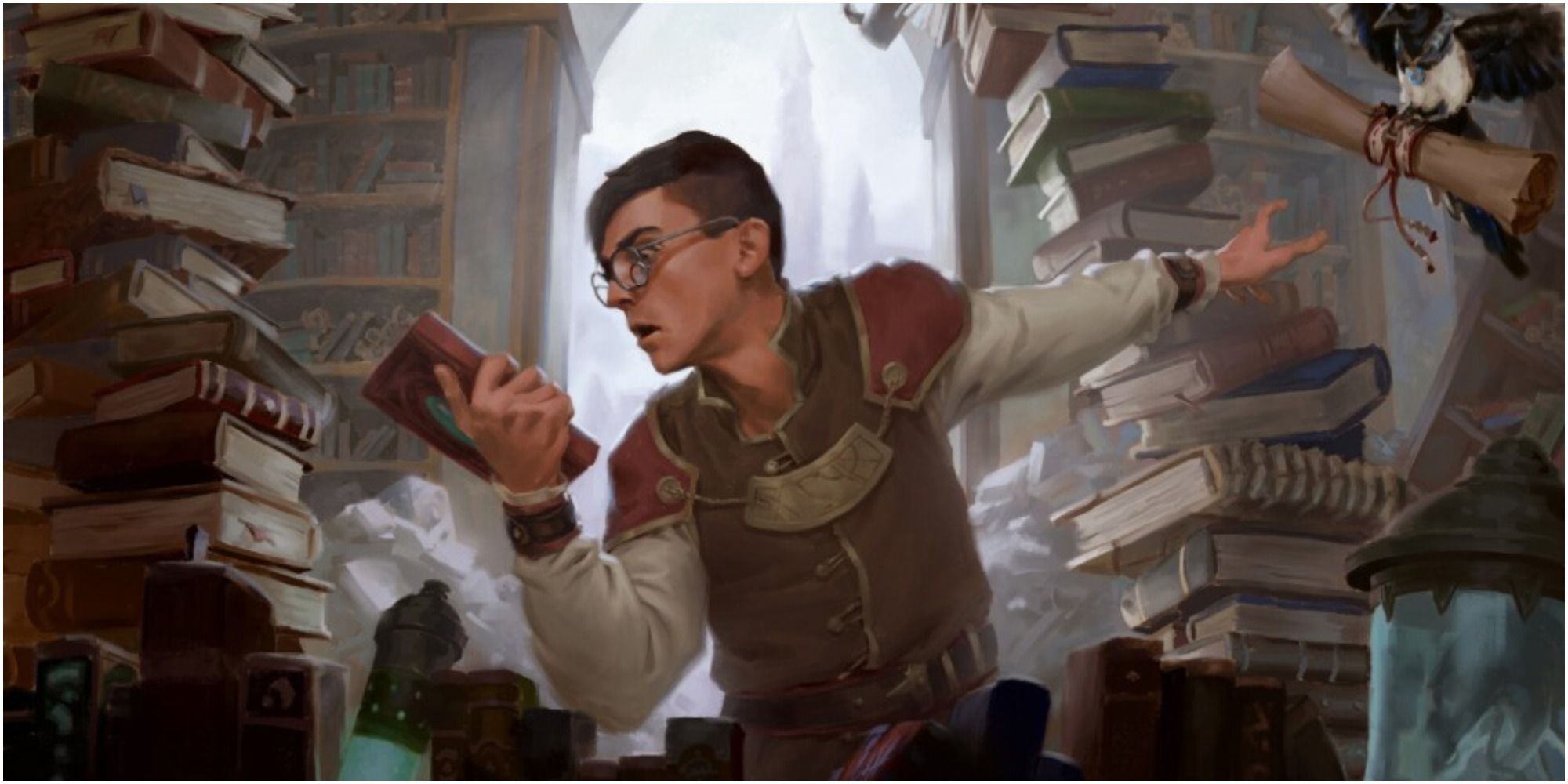 A young man in gasses with a panicked expression examines a book while tossing away a scroll.