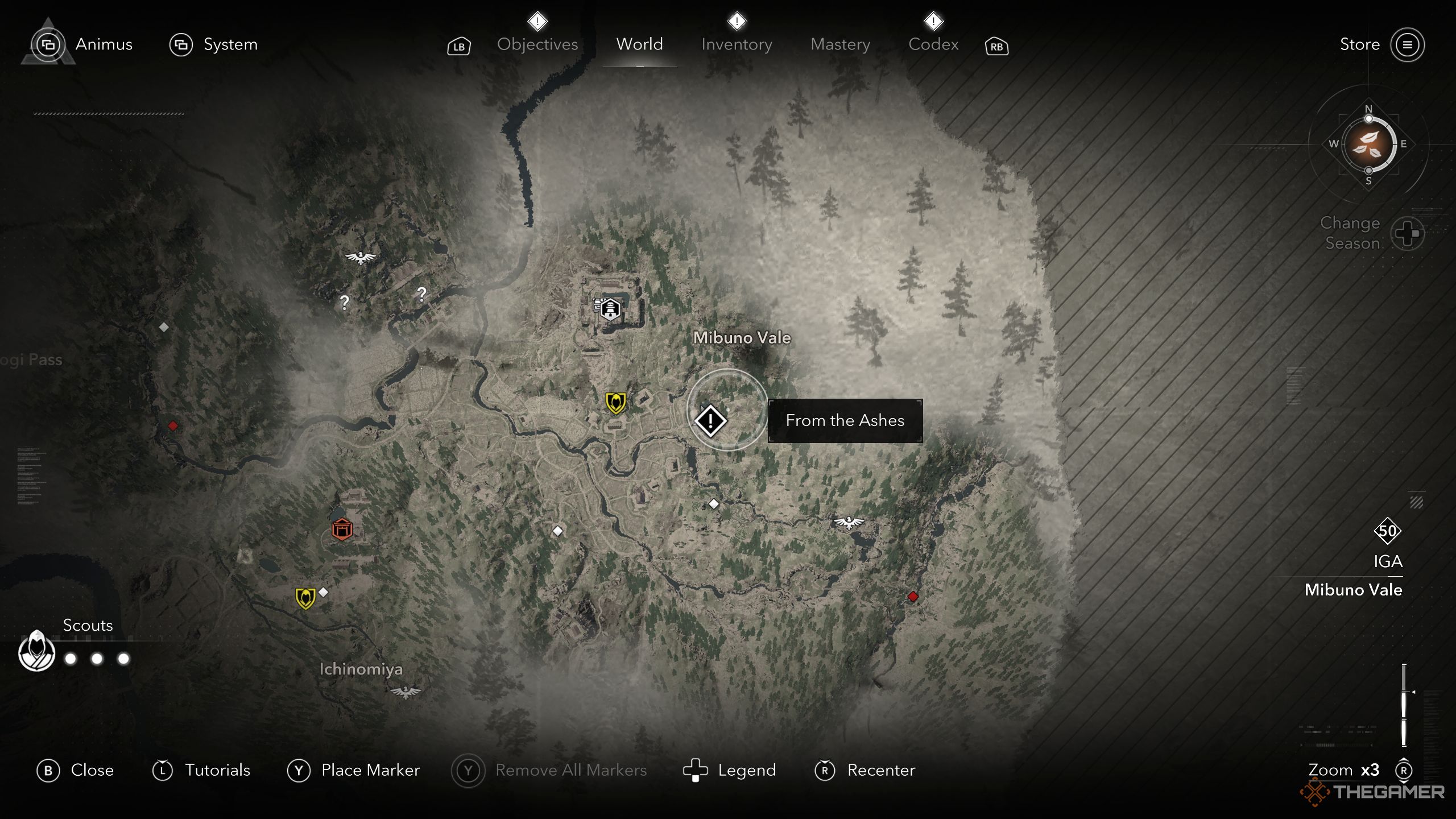 From The Ashes quest location on the map in AC Shadows.