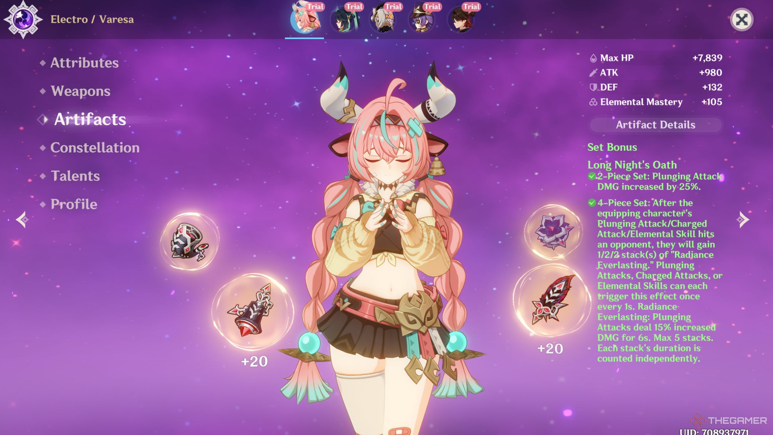 Genshin Impact Varesa artifact screen