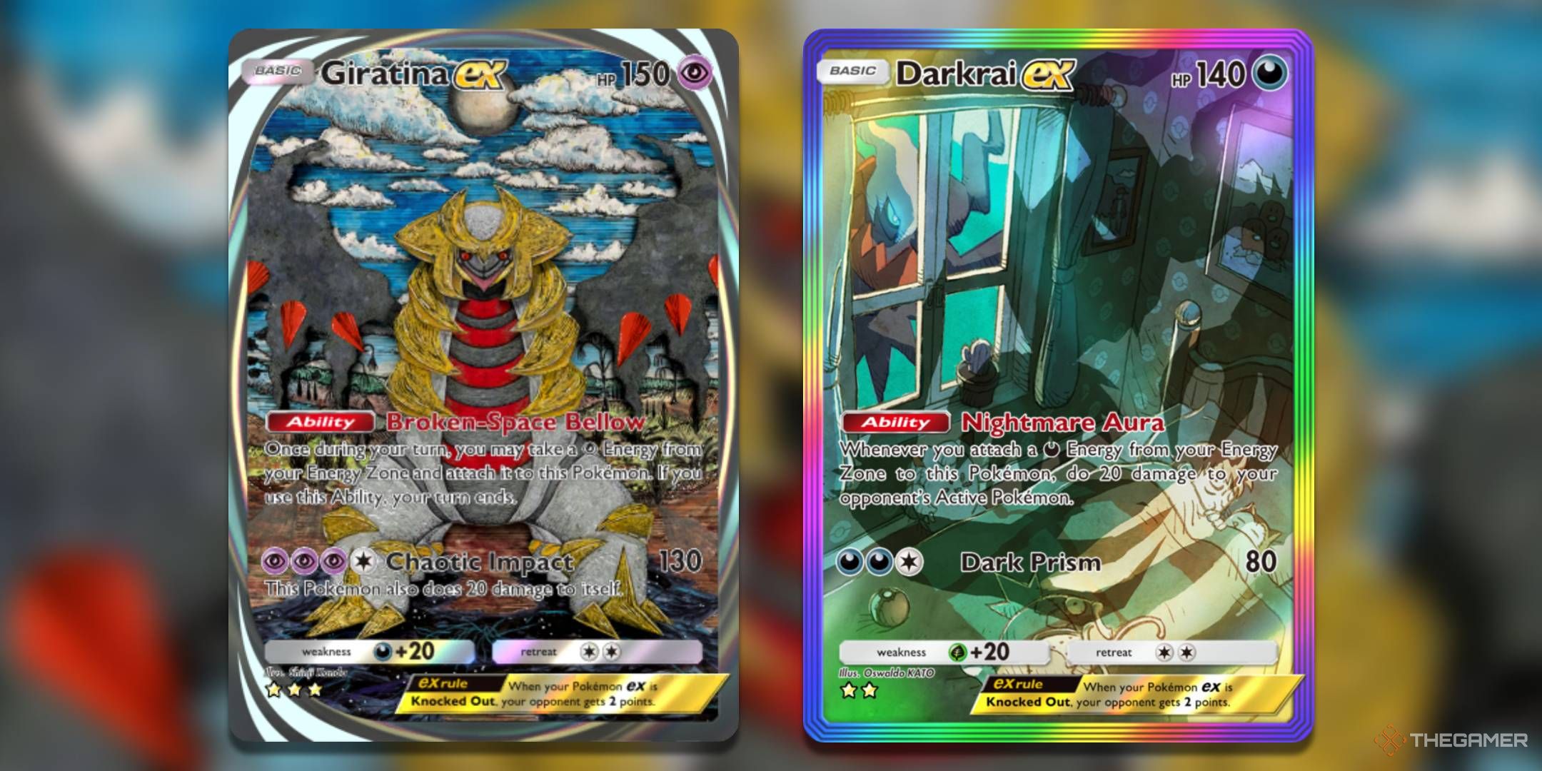 The Giratina ex card, from Shining Revelry, and the Darkrai ex card, from Space-Time Smackdown in Pokemon TCG Pocket.