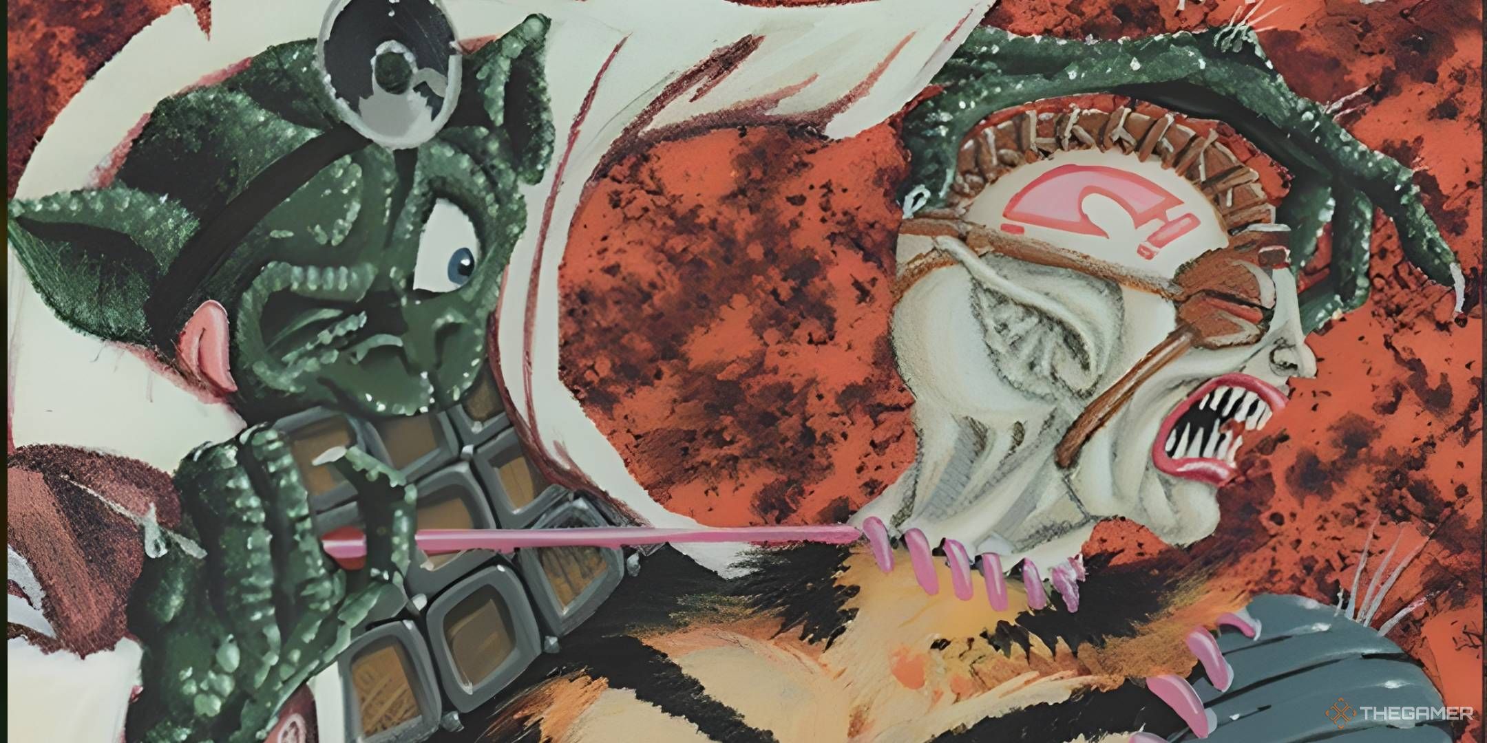 A Goblin doctor stitches a Llanowar Elf's head to a muscular, tiger-furred body.