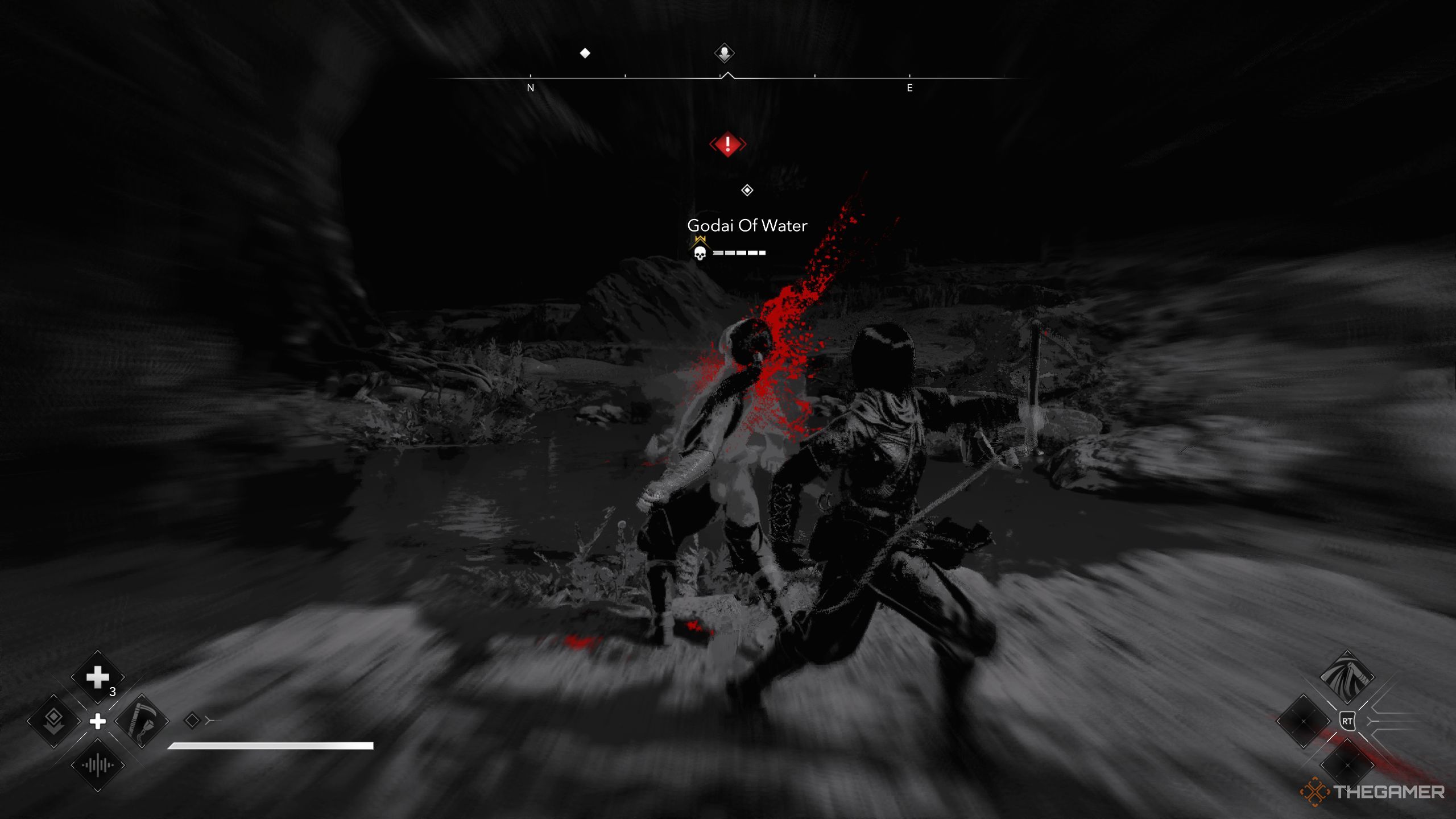 Naoe slashing the Godai of Water in AC Shadows.