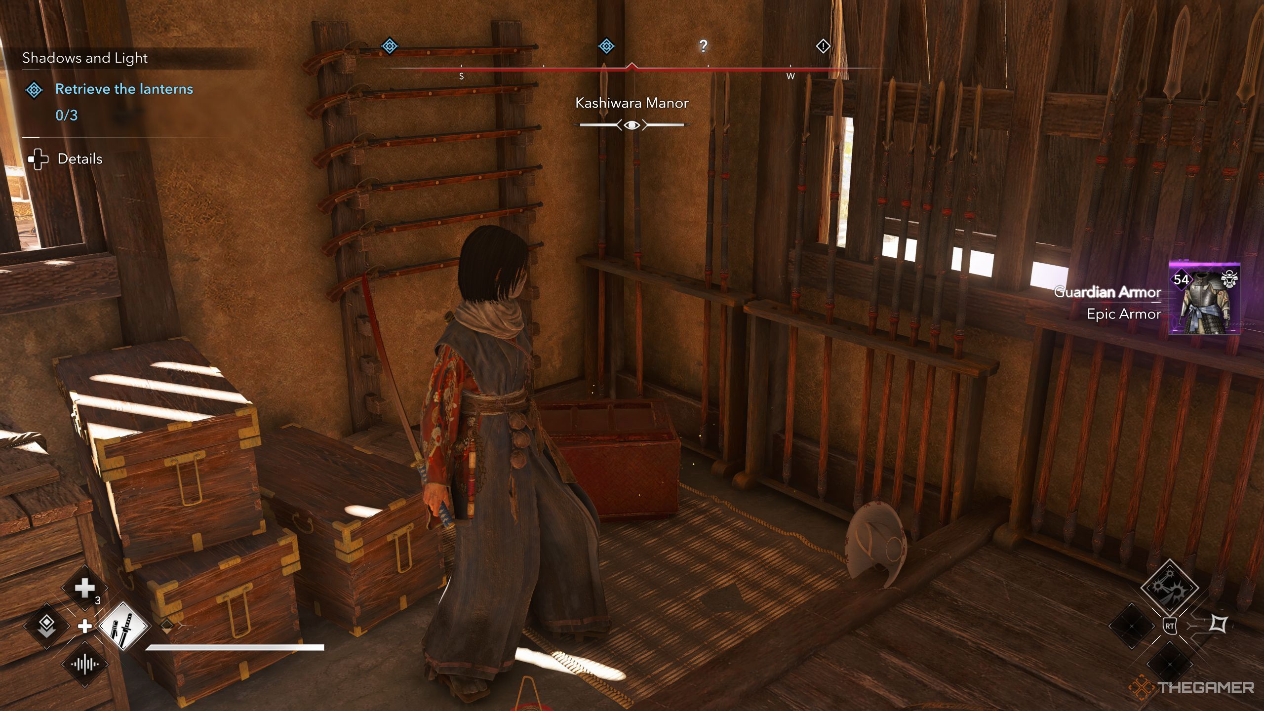 Naoe standing in front of a chest in AC Shadows.