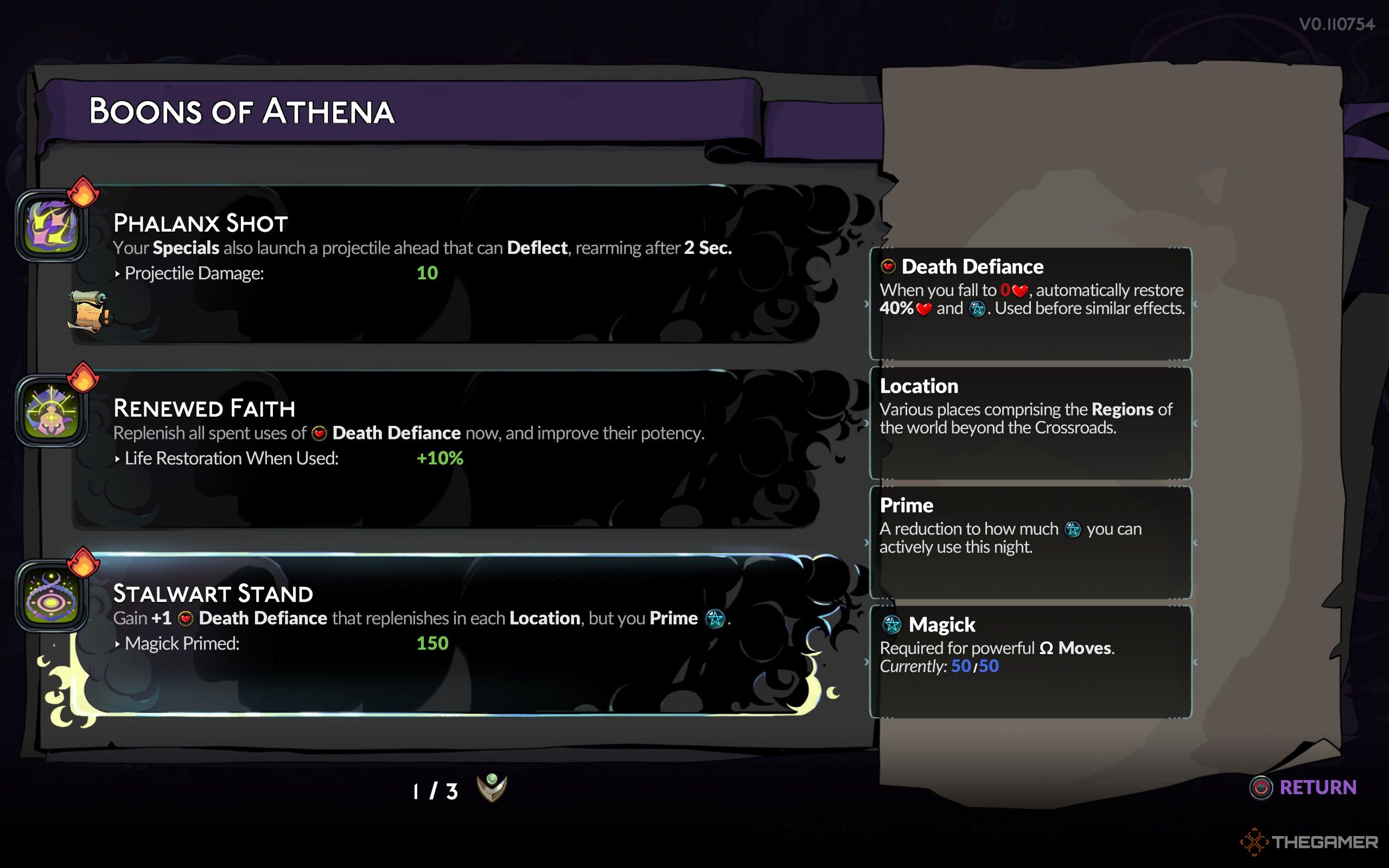 Athena's boons, including Phalanx Shot, Renewed Faith, and Stalwart Stand.