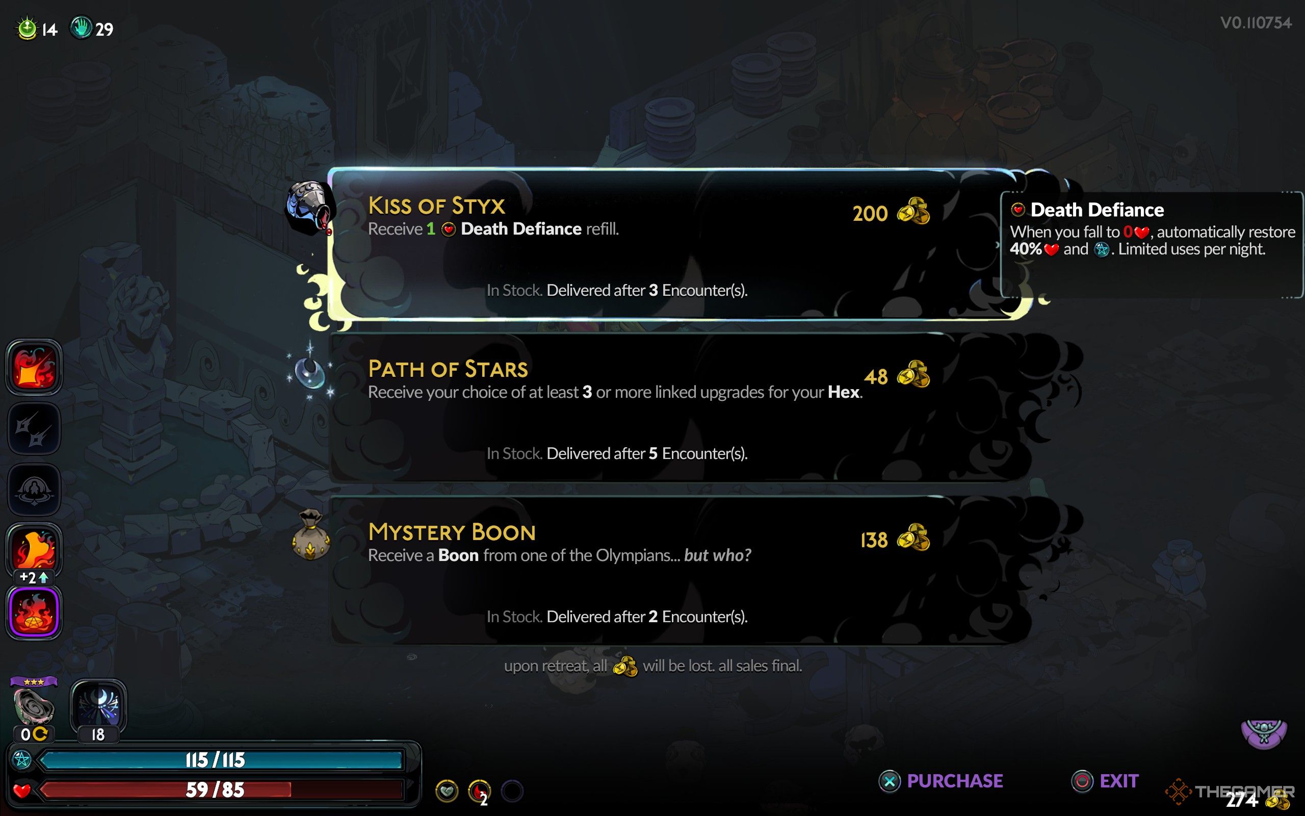 Shrine of Hermes's offers, including a Kiss of Styx, Path of Stars, and a Mystery Boon.