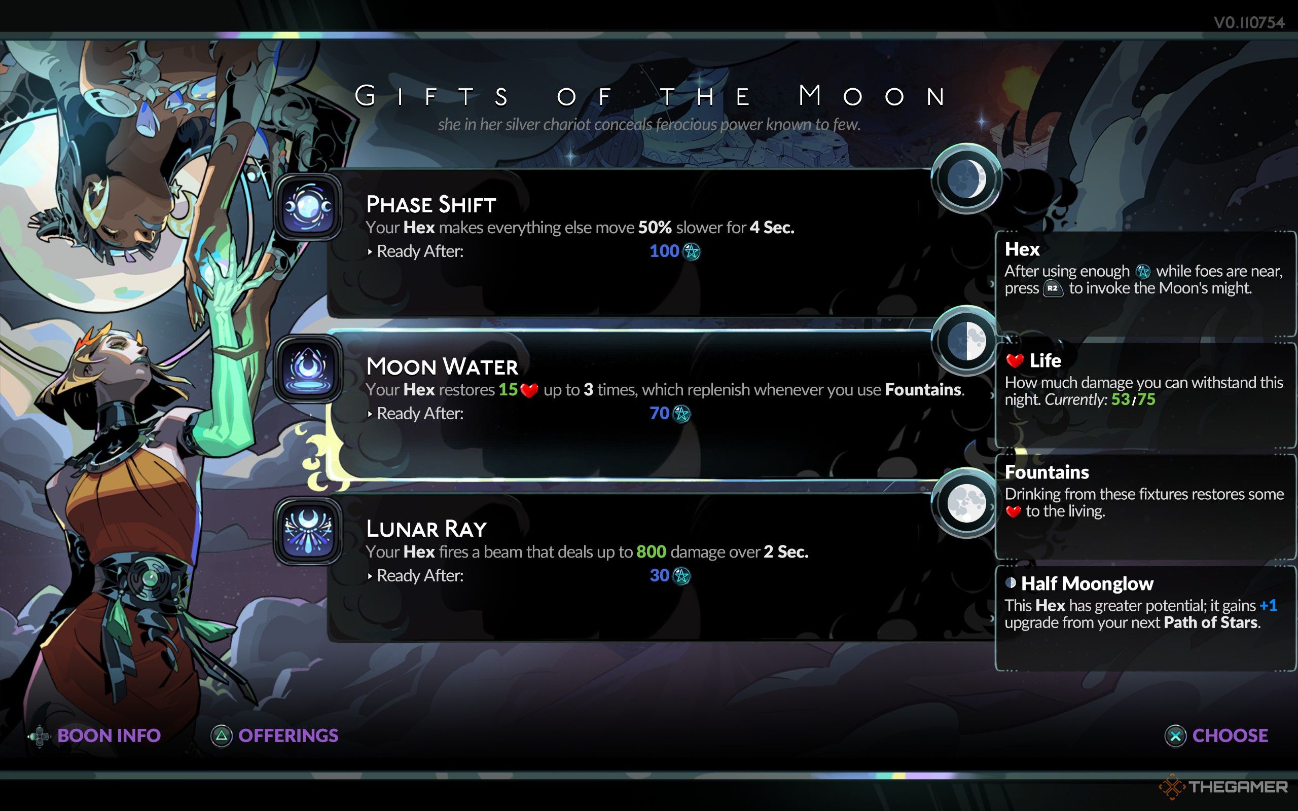 Moon boons, including Phase Shift, Moon Water, and Lunar Ray.
